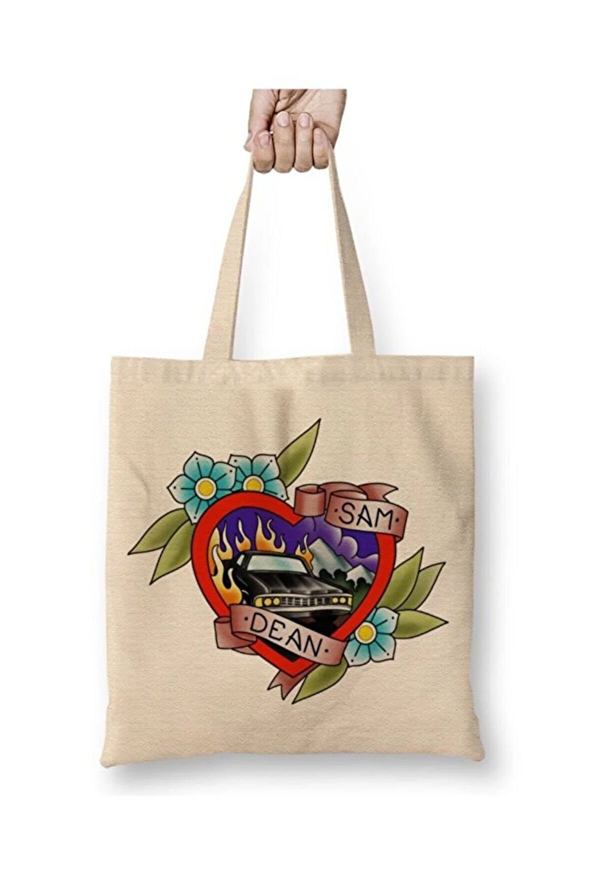 Supernatural Sam Dean Beyaz Bez Çanta Uzun Saplı Alışveriş Çantası Plaj Çantası