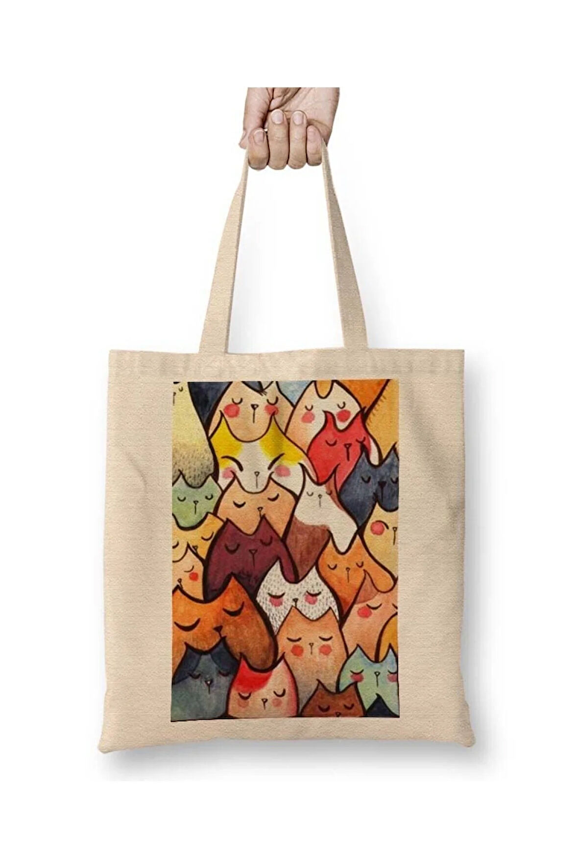 Sevimli Kediler Cats Beyaz Bez Çanta Uzun Saplı Alışveriş Çantası Plaj Çantası