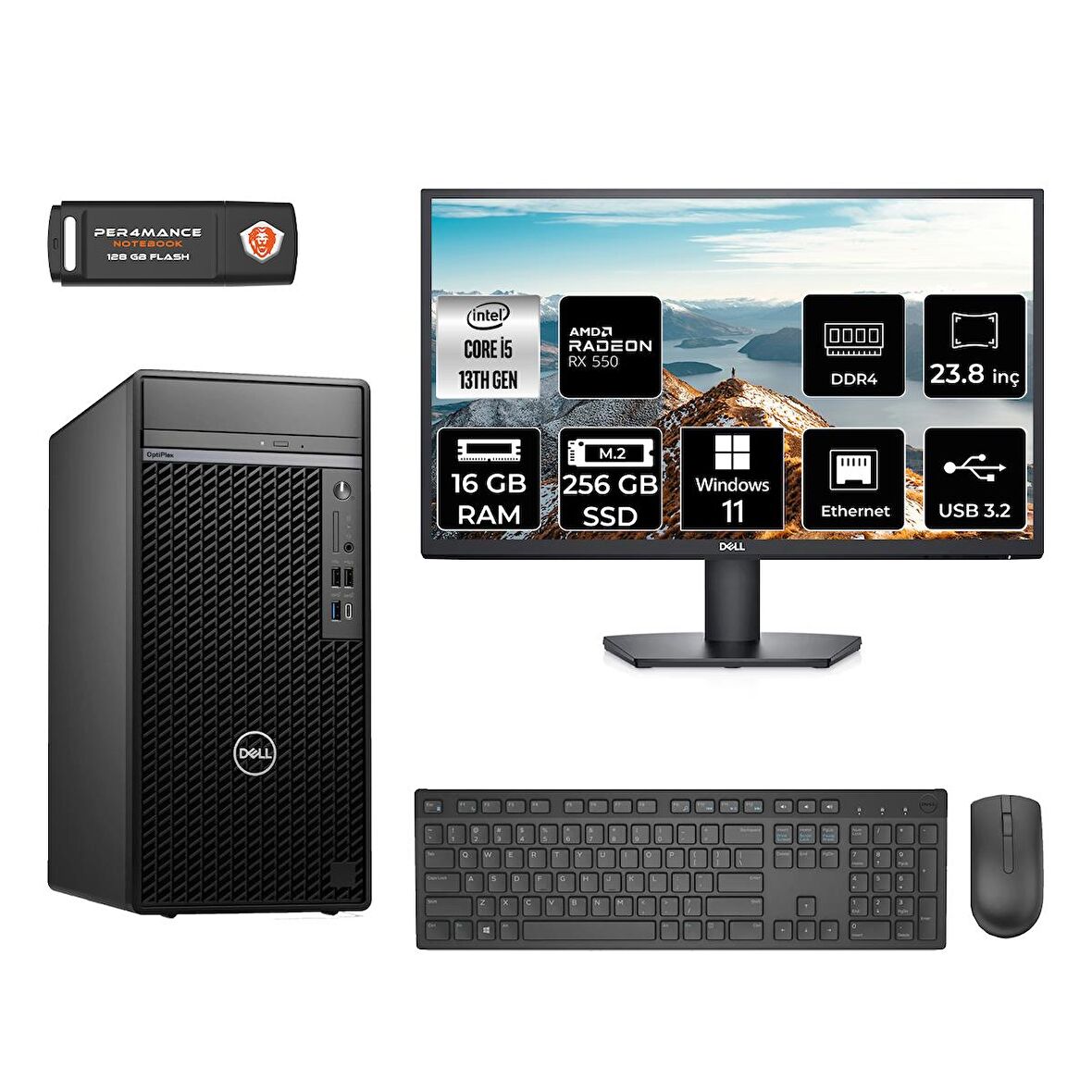 Dell OptiPlex 7010MT i5 13500 16GB 256GB SSD RX550/4GB W11H N010O7010MTU MASAÜSTÜ PC & 23.8" MONİTÖR