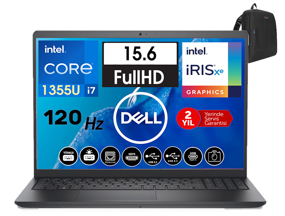 Dell Vostro 3530 Intel Core İ7-1355U 32GB 256GB SSD Fhd 15.6" 120HZ Fredos Taşınabilir Bilgisayar WN1601PVNB353011+ZETTAÇANTA
