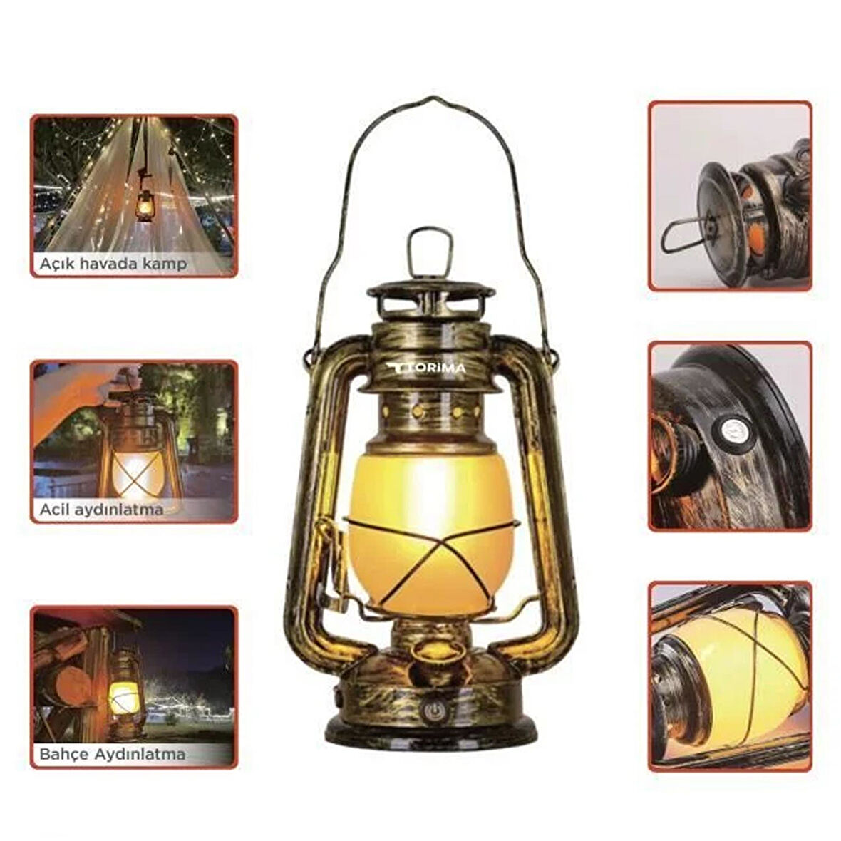 TORİMA LW-41 Ahşap Nostaljik Kamp Lambası Acil Durum Işığı Şarjlı Led Gaz Lambası