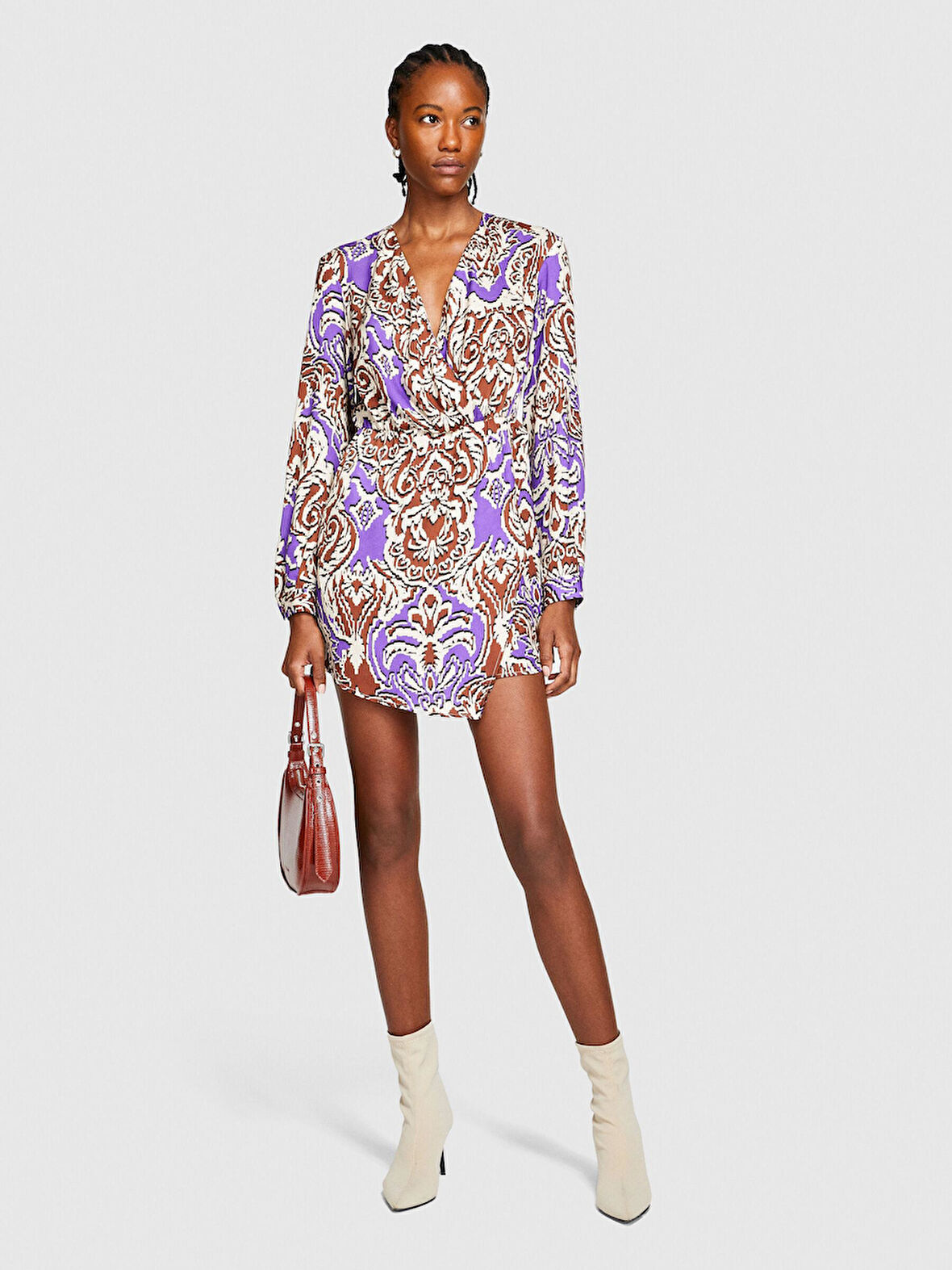 V Yaka Desenli Hafif Dökümlü Uzun Kollu Elbise Kadın Turuncu Elbise - 323A42WELV04I