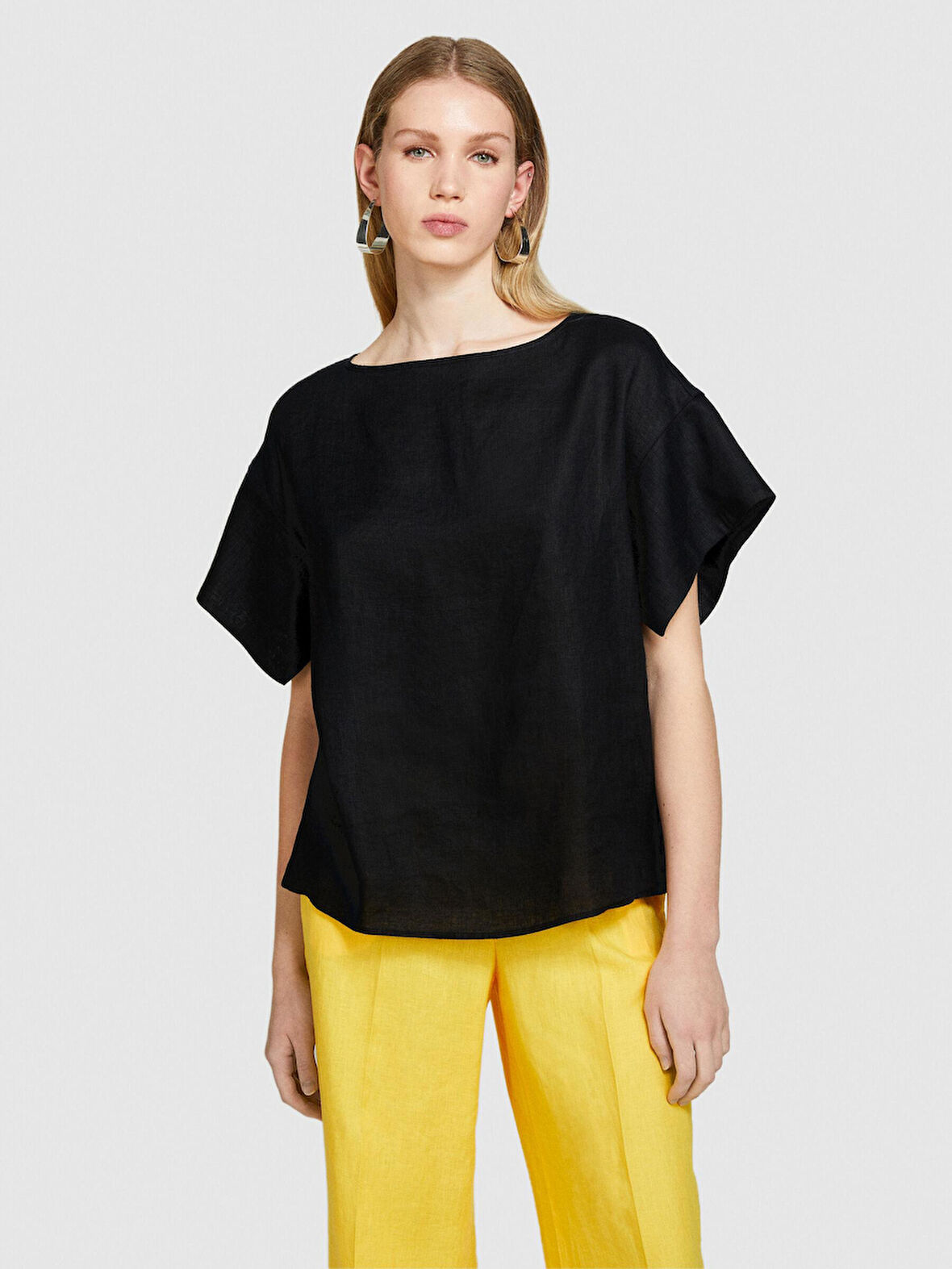 %100 Keten Rahat Kesim Kayık Yaka Bluz Kadın Siyah Bluz - 324P5BMLLQ06R