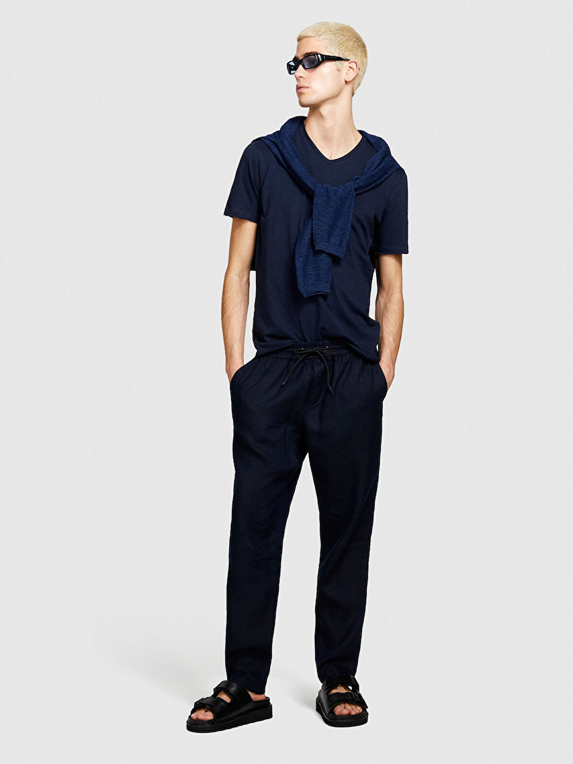 %100 Keten Beli Büzgülü İpli Slim Confort Fit Pantolon Erkek Lacivert Pantolon - 324P4AGHSF043