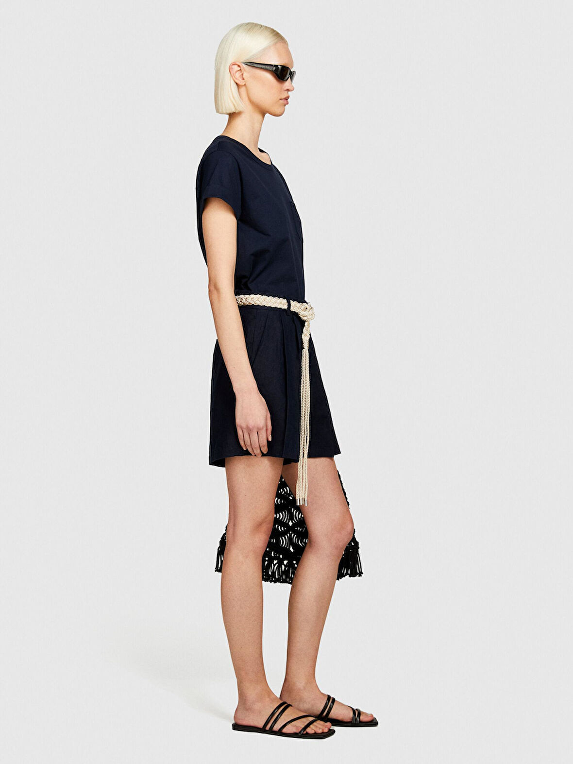 %100 Keten Önü Çift Pileli Şort Kadın Lacivert Şort - 324P4AGHL9013