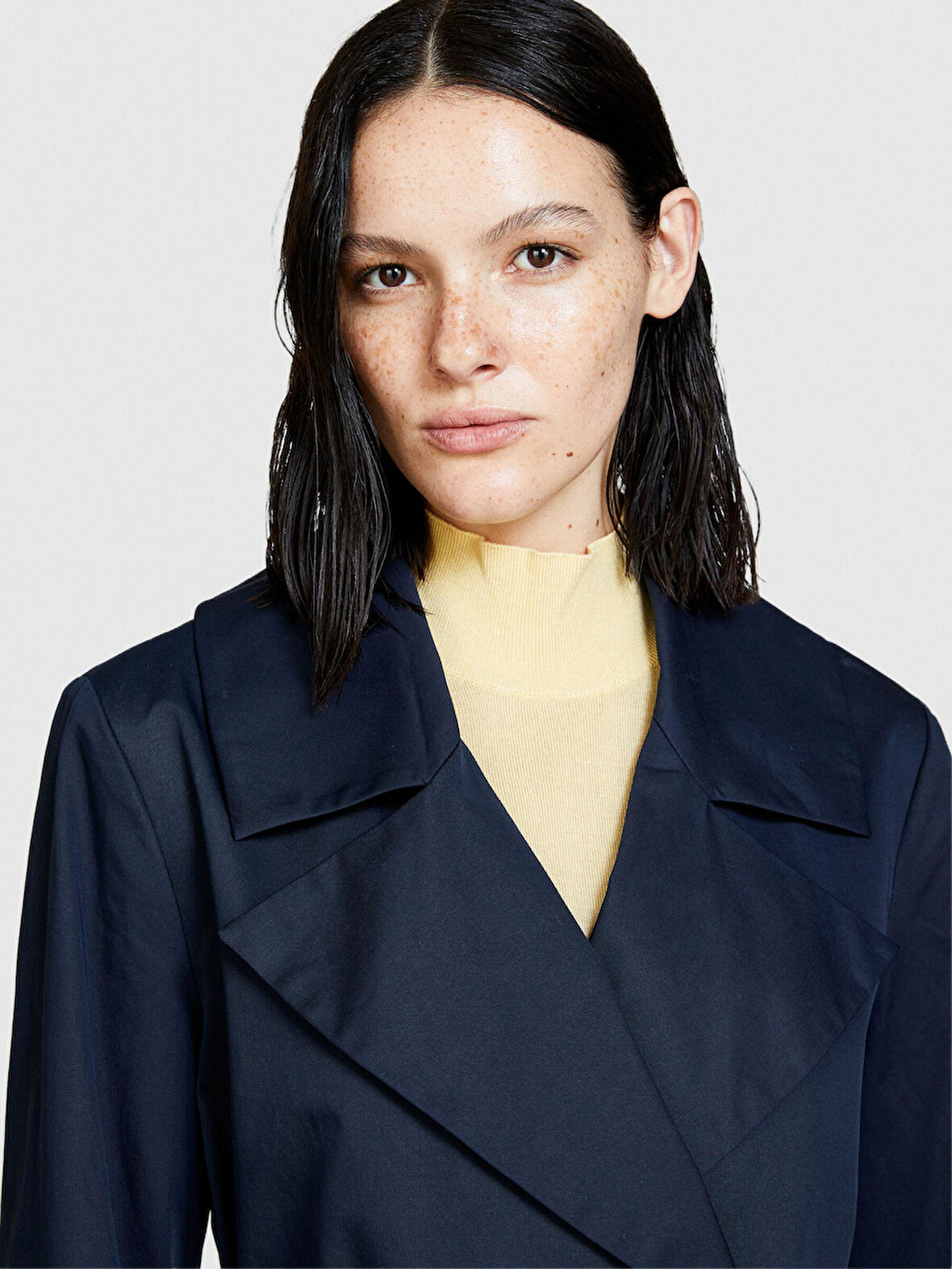 %100 Pamuk Geniş Yaka Beli Kuşaklı Trençkot Kadın Lacivert Trençkot - 324P2NNSLN025