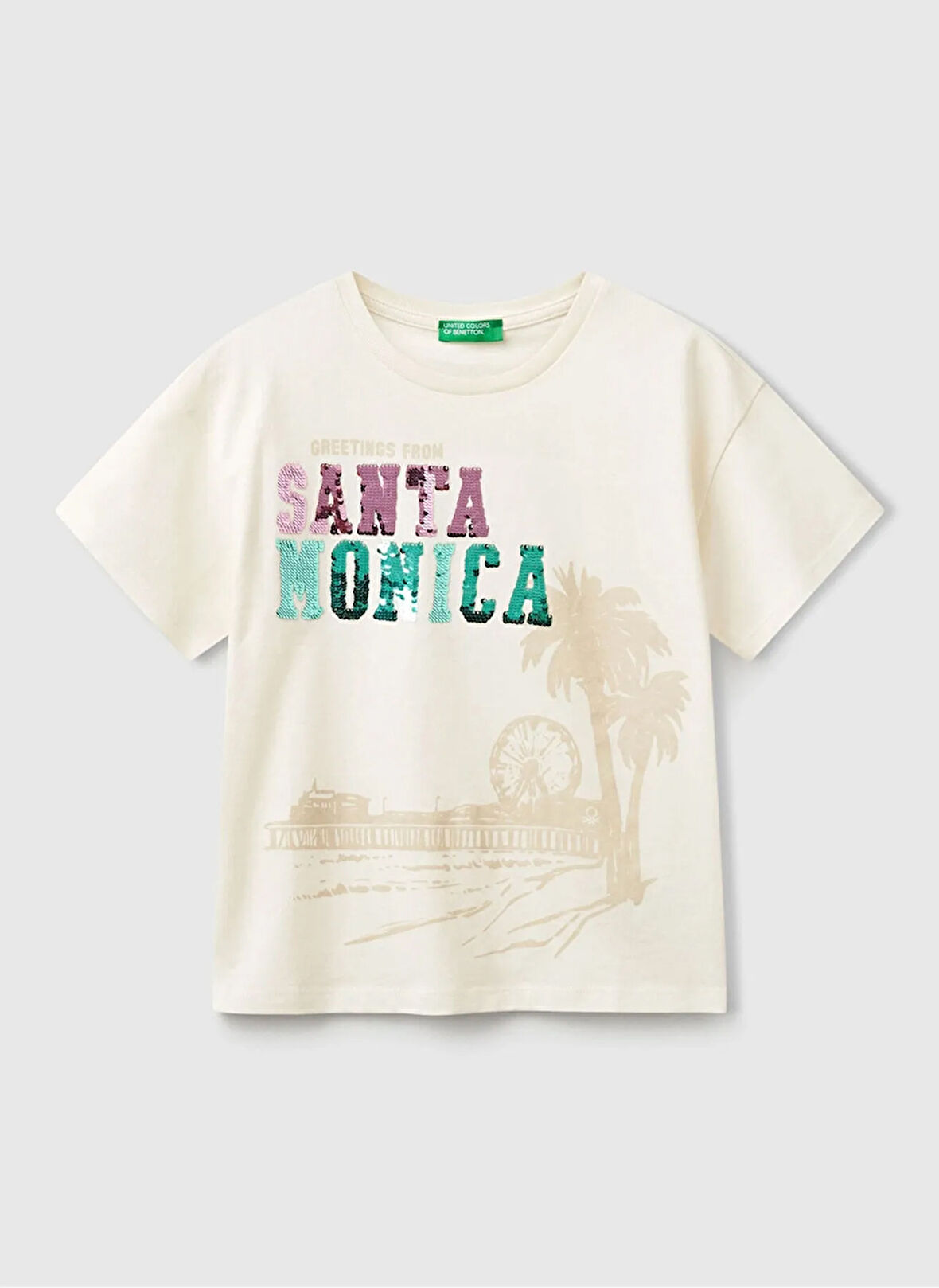 Benetton Baskılı Ekru Kız Çocuk T-Shirt 3I1XC10NY