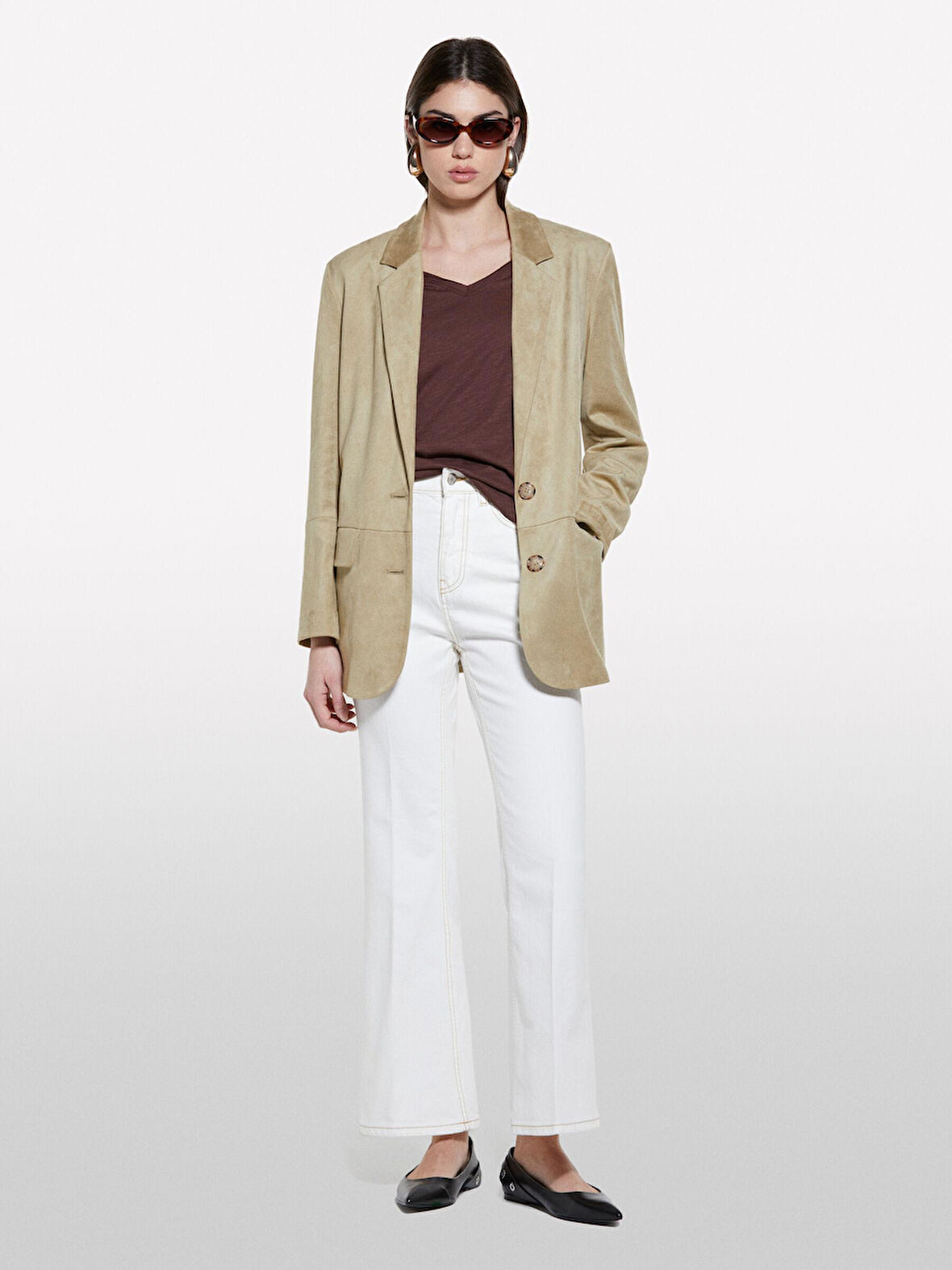 Pamuk Modal Karışımlı Normal Kalıp V Yaka Slub T-Shirt Kadın kahverengi T-Shirt - 325P3TNHL4007