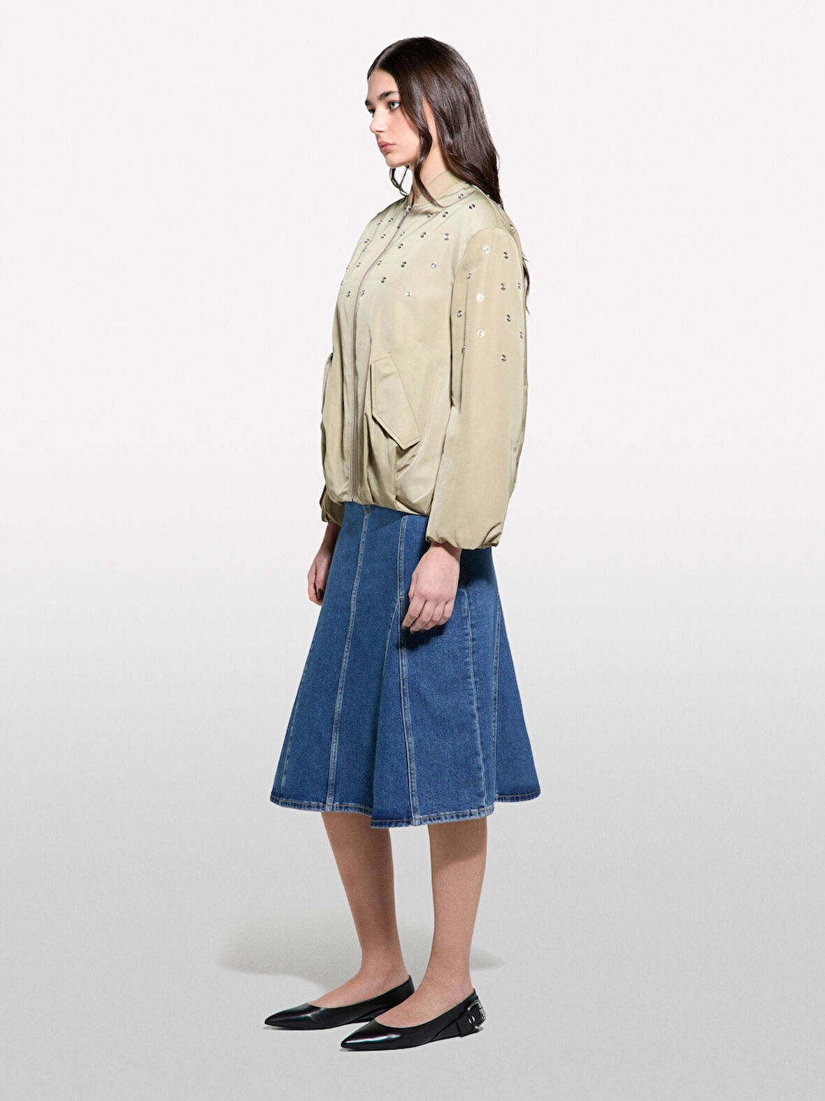 Taş Detaylı Hafif Dolgulu Bomber Ceket Kadın Kum Rengi Ceket - 325P2ZCRLN05L