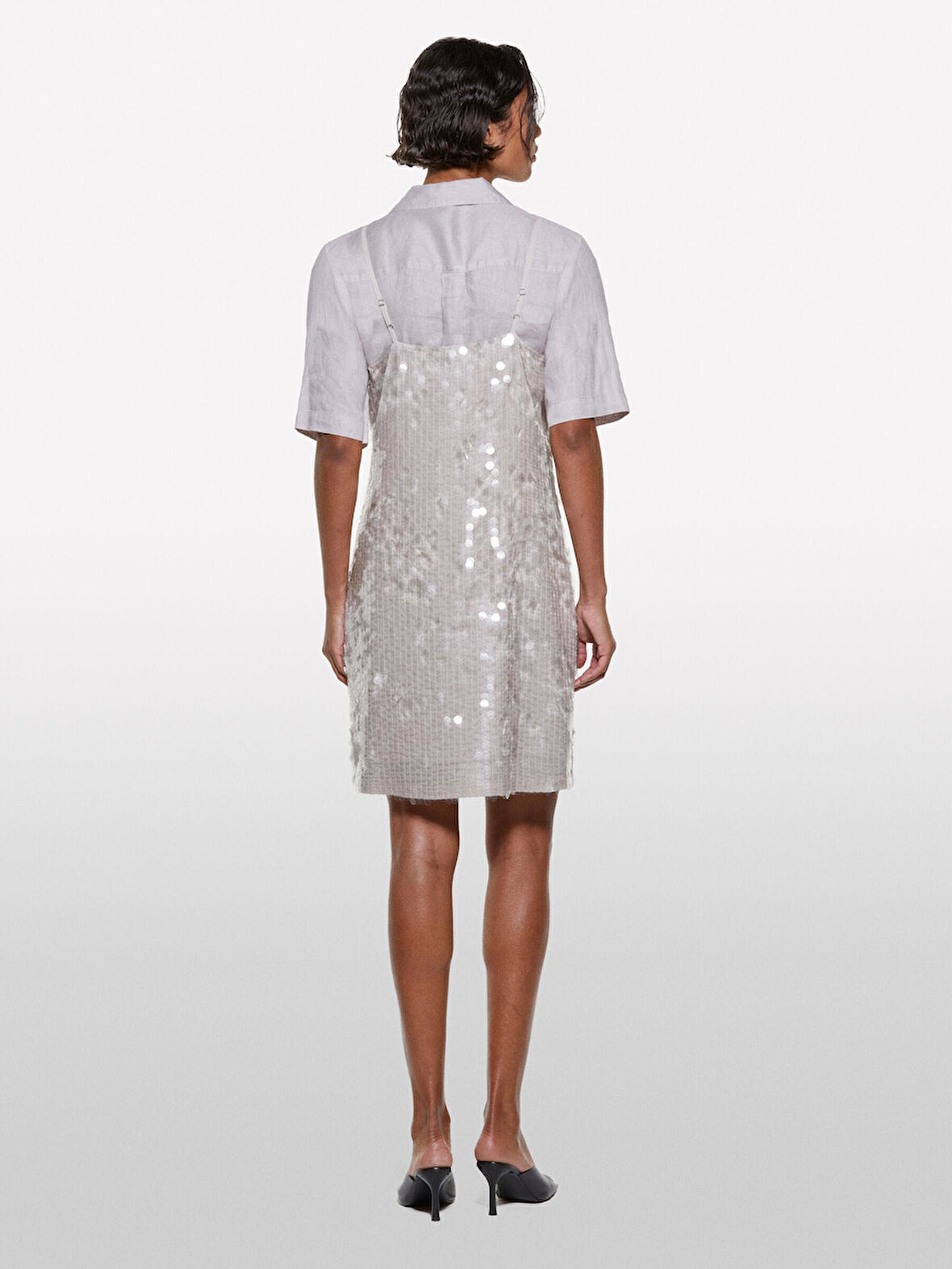 %100 Keten Kısa Kollu Gömlek Kadın Gri Gömlek - 325P5BMLLQ08U