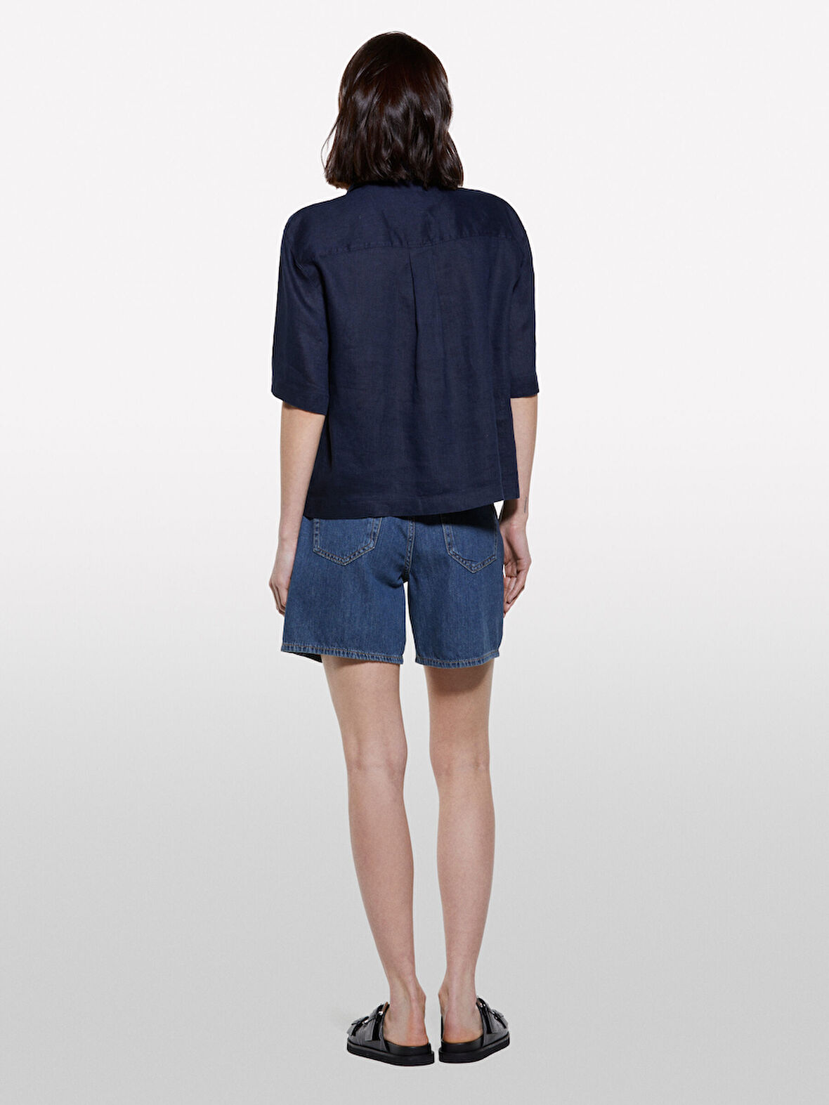 %100 Keten Kısa Kollu Gömlek Kadın Lacivert Gömlek - 325P5BMLLQ08U