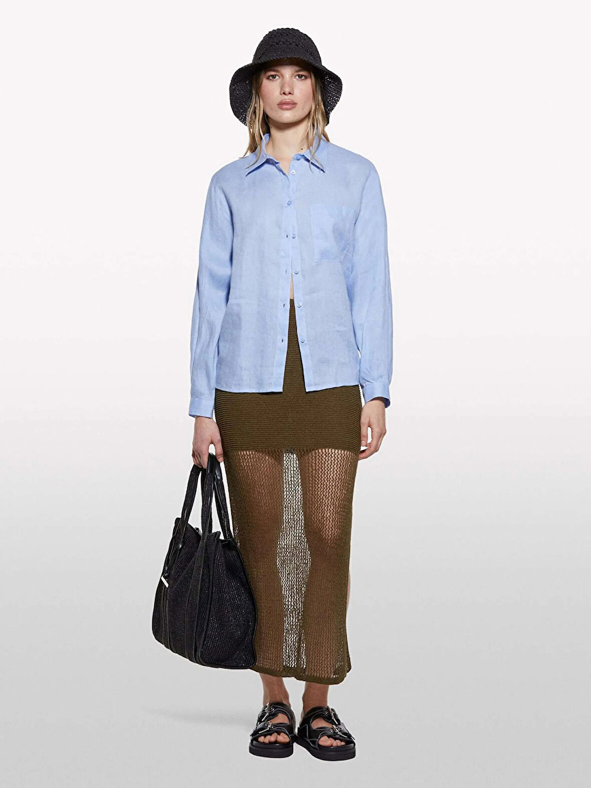 %100 Keten Düğmeli Göğüs Cepli Uzun Kollu Gömlek Kadın Mavi Gömlek - 325P5BMLLQ06S