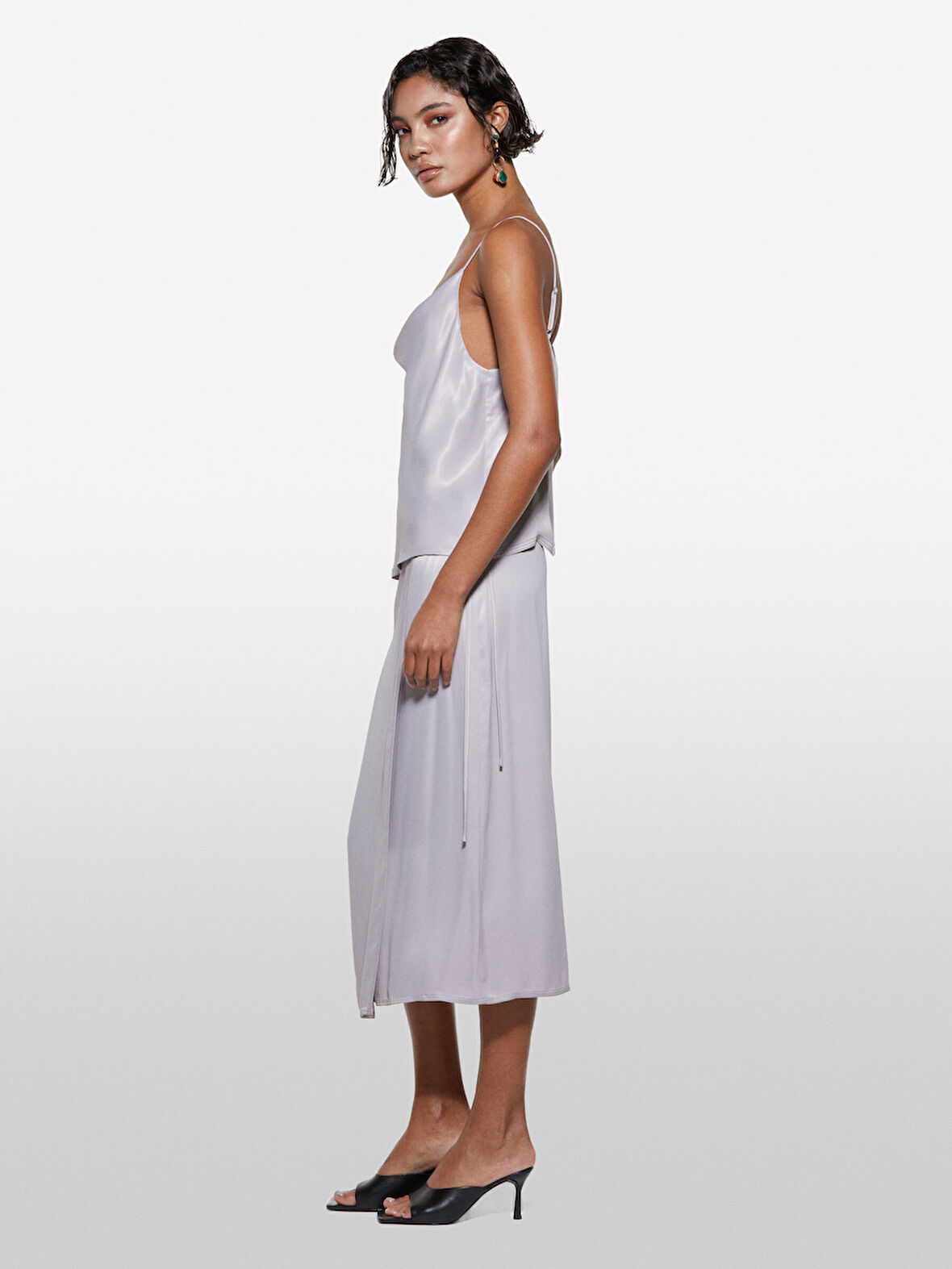 %100 Viskoz Saten Midi Etek Kadın Gri Etek - 325P42BZL002R