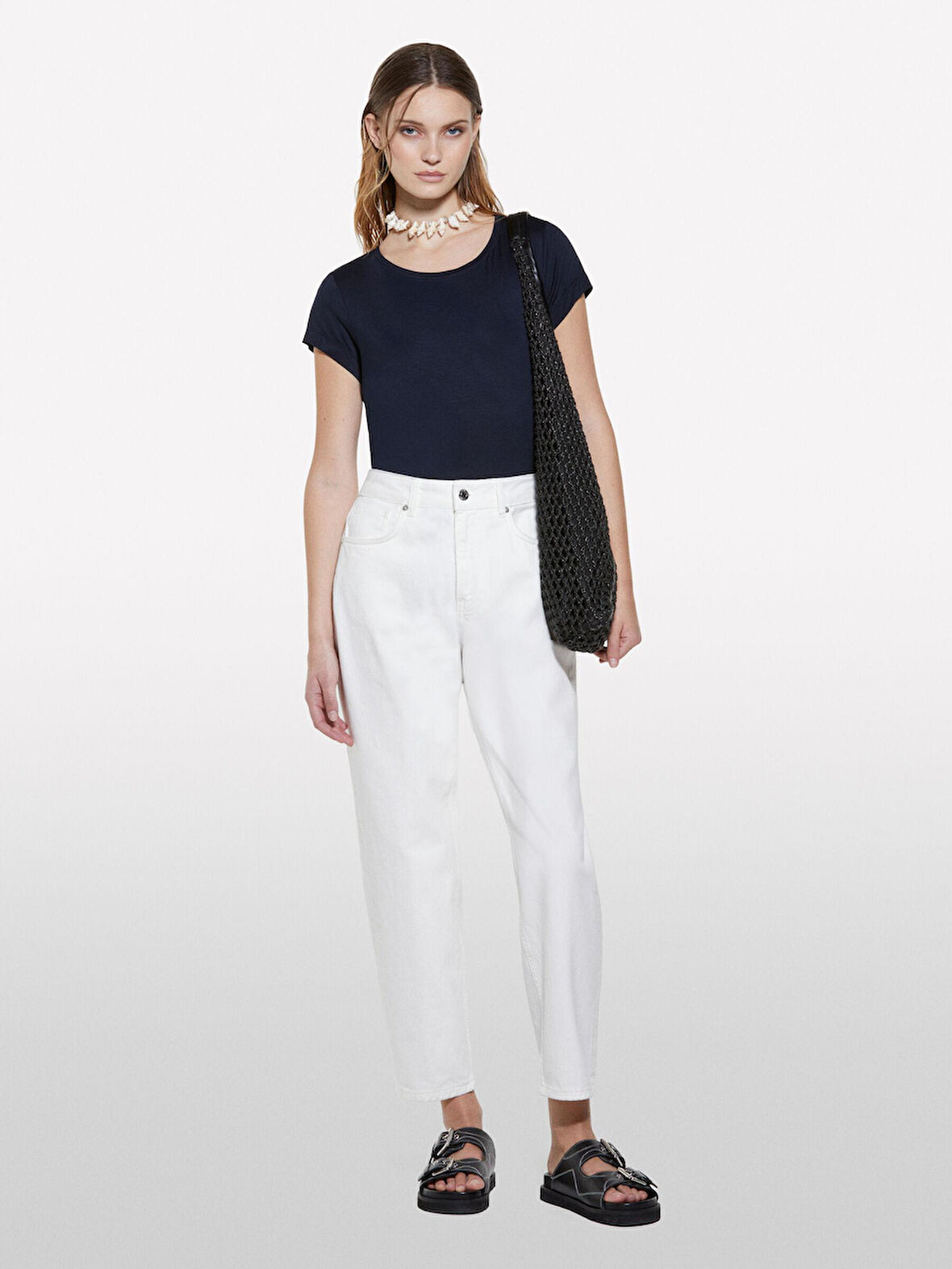 Viskoz Karışımlı Bisiklet Yaka Regular Fit T-Shirt Kadın Lacivert T-Shirt - 325P3Z12L107O