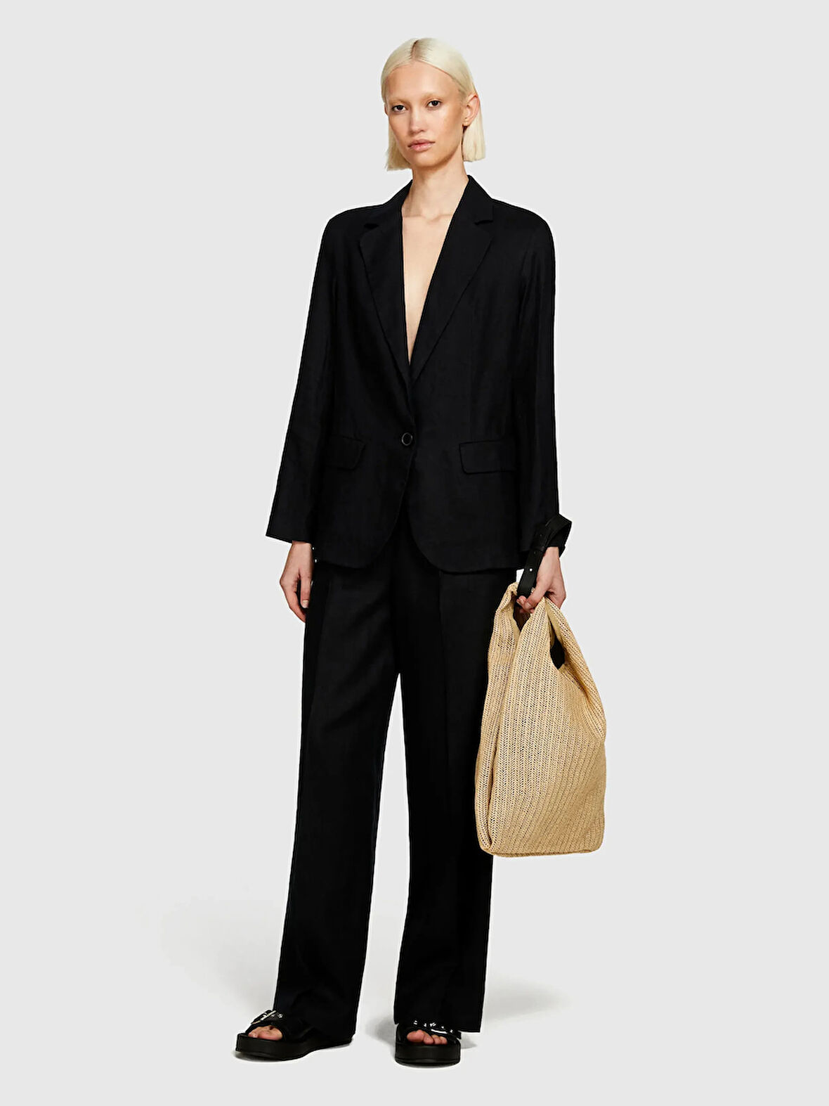 %100 Keten Tek Düğmeli Blazer Ceket Kadın Siyah Ceket - 325P2AGHLW019