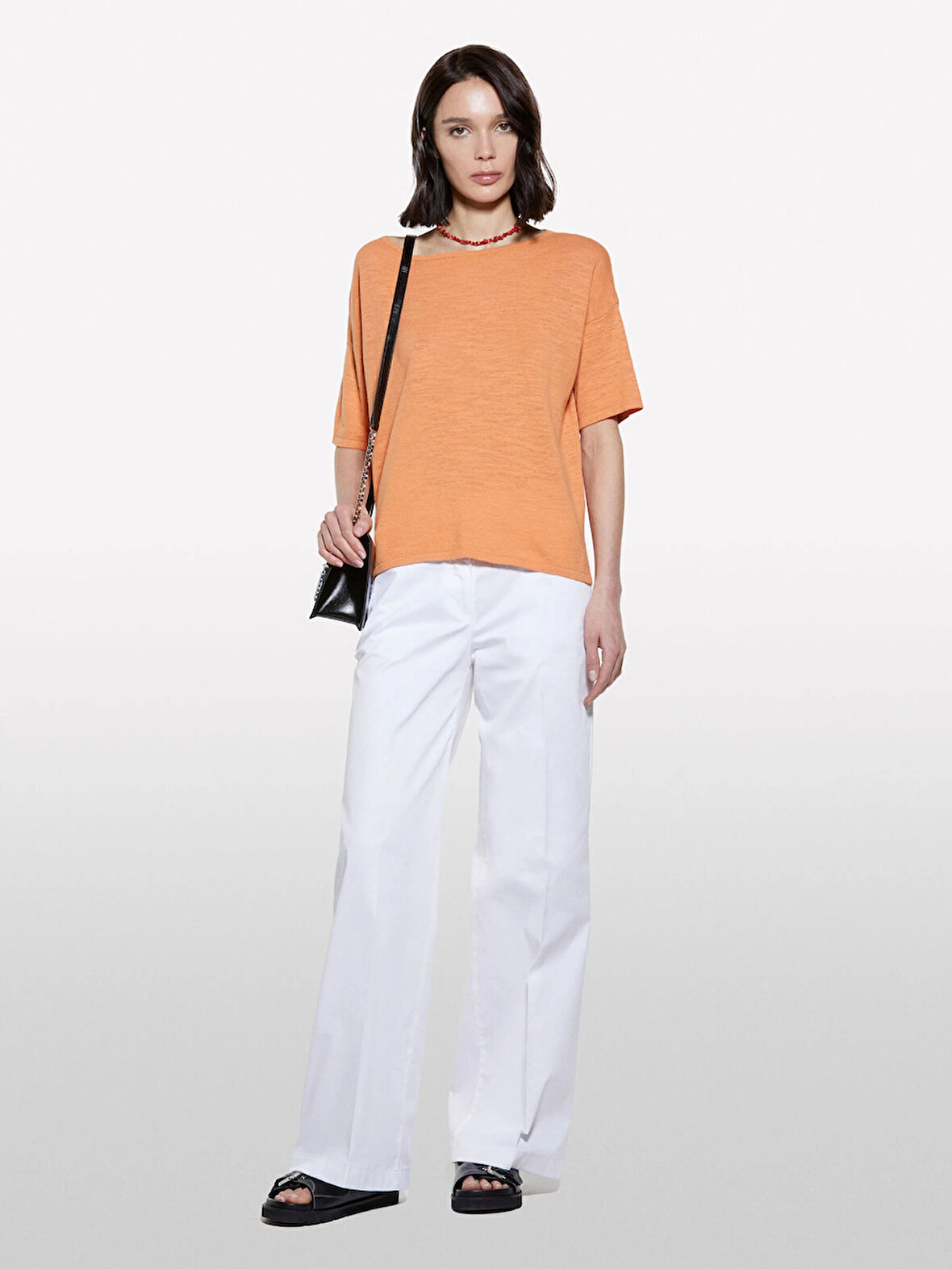 Keten Karışımlı Bisiklet Yaka Oversize T-Shirt Kadın Turuncu T-Shirt - 325P105GM106H