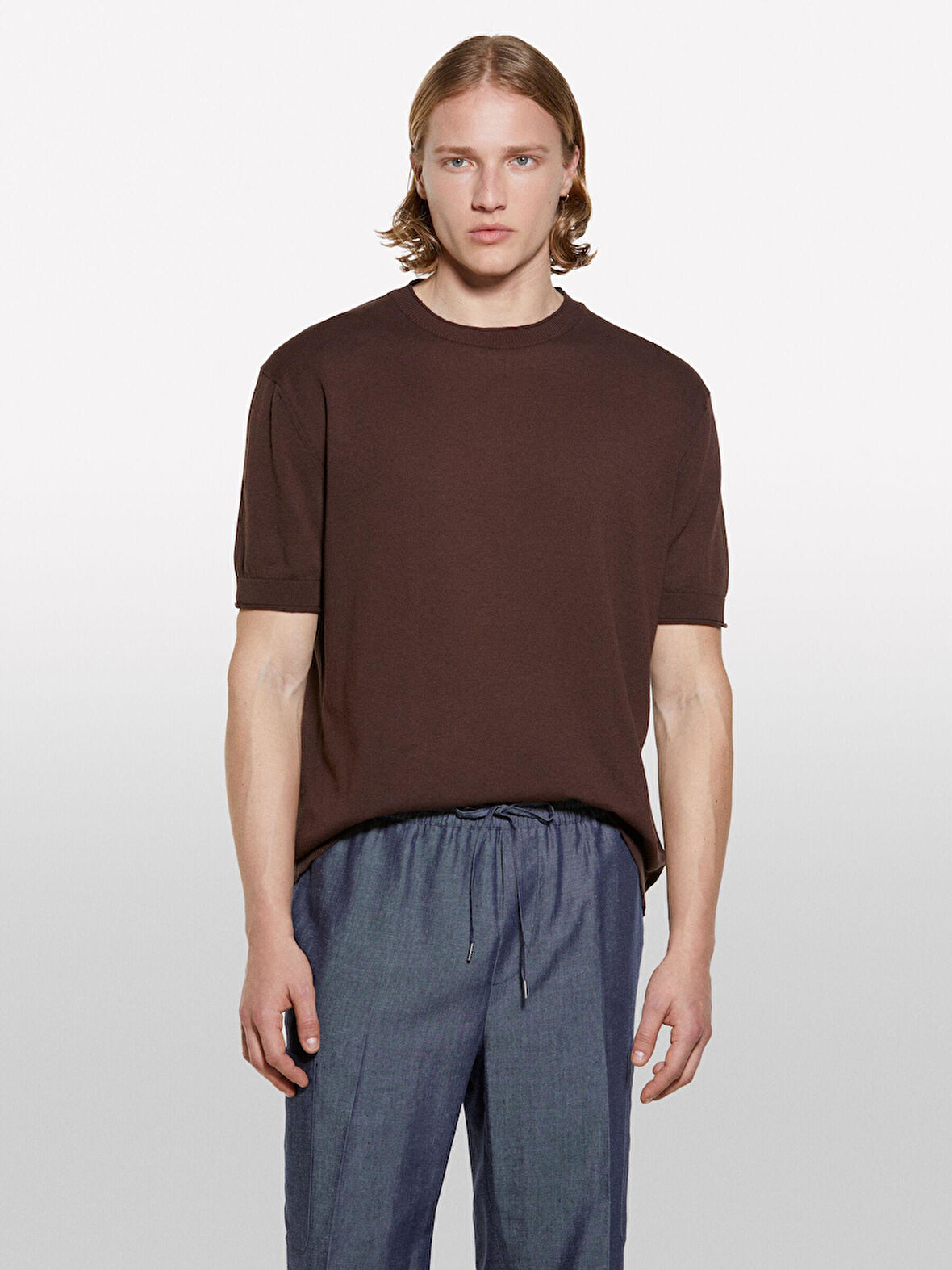 %100 Pamuk Ribana Detaylı Kısa Kollu Kazak Erkek kahverengi Kazak - 325P1028S104G