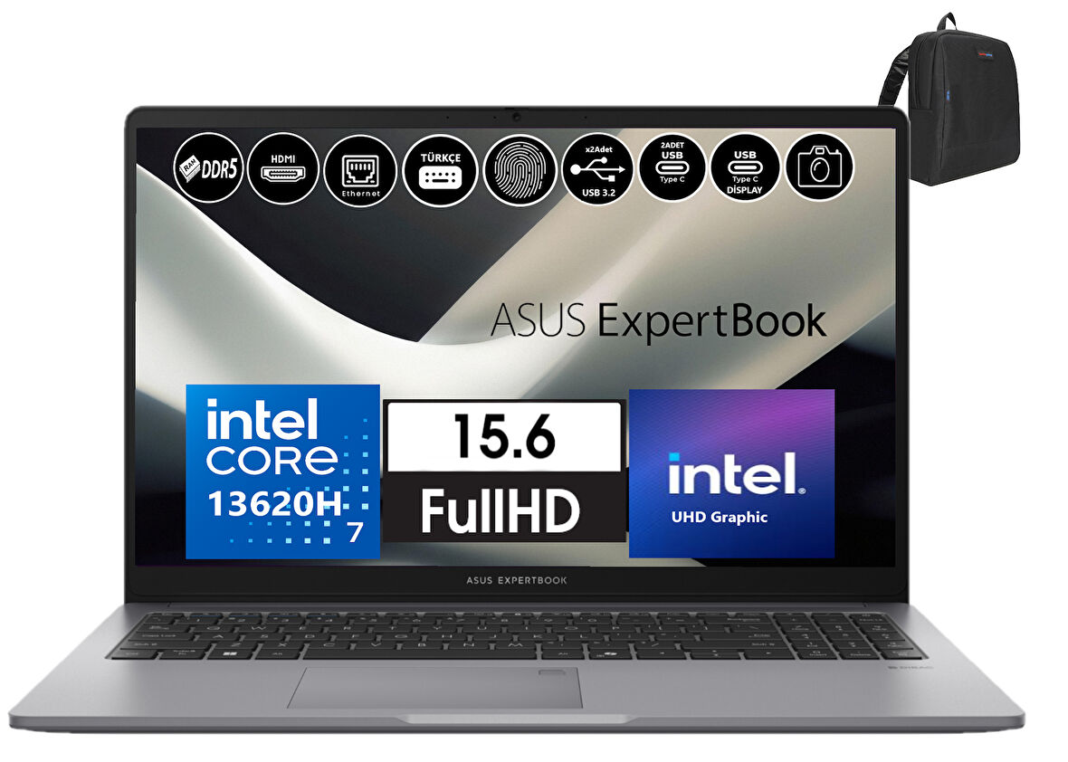 Asus Expertbook P1 P1503 Intel Core I7-13620H 8gb Ddr5 512GB SSD Freedos 15.6 Fhd Intel UHD Taşınabilir Bilgisayar WP1503CVAI716512G0D02+ZETTAÇANTA