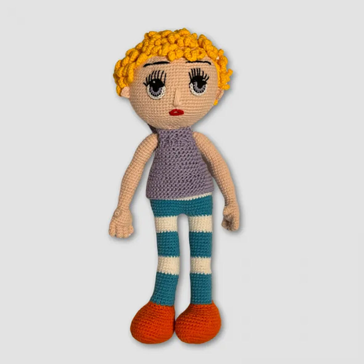 Uretti - Ahmet 3816 Amigurumi Örgü Oyuncak Kıvırcık Saçlı Bebek 35 Cm - Krem