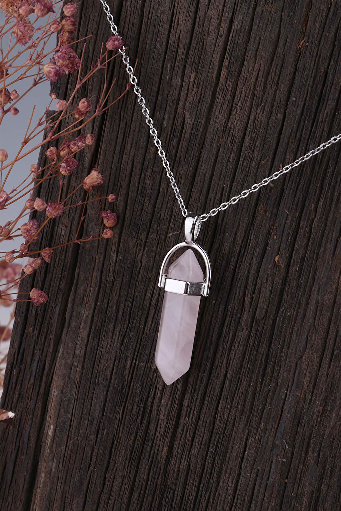 Doğal Çivi Kesim Pembe Kuvars Kolye - KL0229