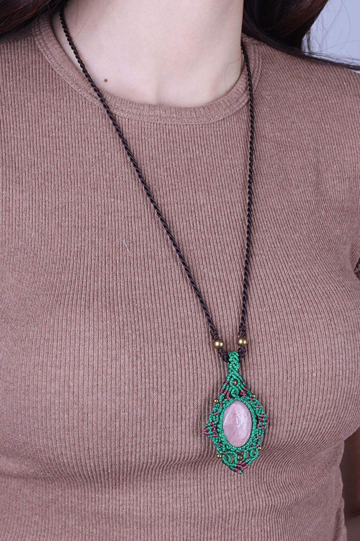 Rodonit Taşı Örme Kolye  - 200008