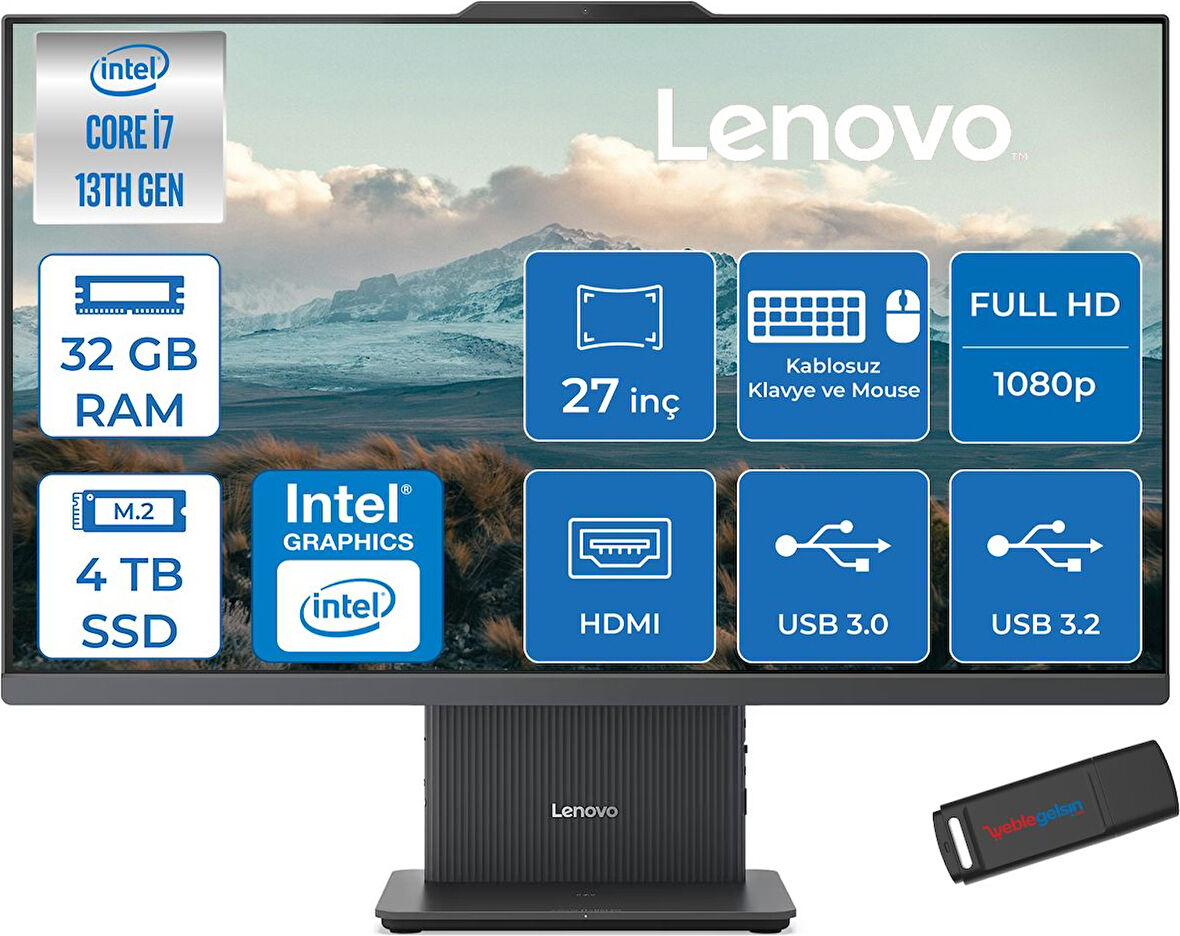 Lenovo Ideacentre Aıo 27IRH9 Intel Core I7-13620H 32GB Ddr5 4tb SSD 27'' Fhd 300NITS IPS Freedos Allınone Bilgisayar LF0HM00EUTRF15+ZETTAUSBBELLEK