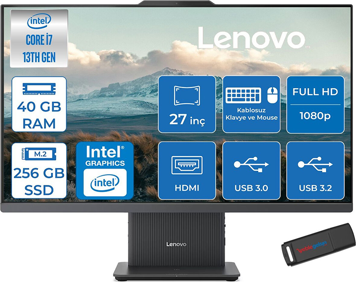 Lenovo Ideacentre Aıo 27IRH9 Intel Core I7-13620H 40GB Ddr5 256GB SSD 27'' Fhd 300NITS IPS Freedos Allınone Bilgisayar LF0HM00EUTRF16+ZETTAUSBBELLEK