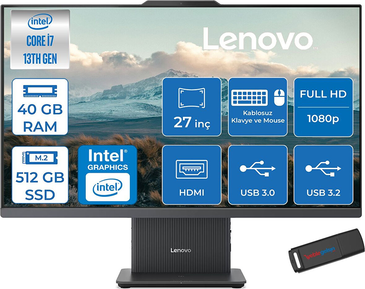 Lenovo Ideacentre Aıo 27IRH9 Intel Core I7-13620H 40GB Ddr5 512GB SSD 27'' Fhd 300NITS IPS Freedos Allınone Bilgisayar LF0HM00EUTRF17+ZETTAUSBBELLEK