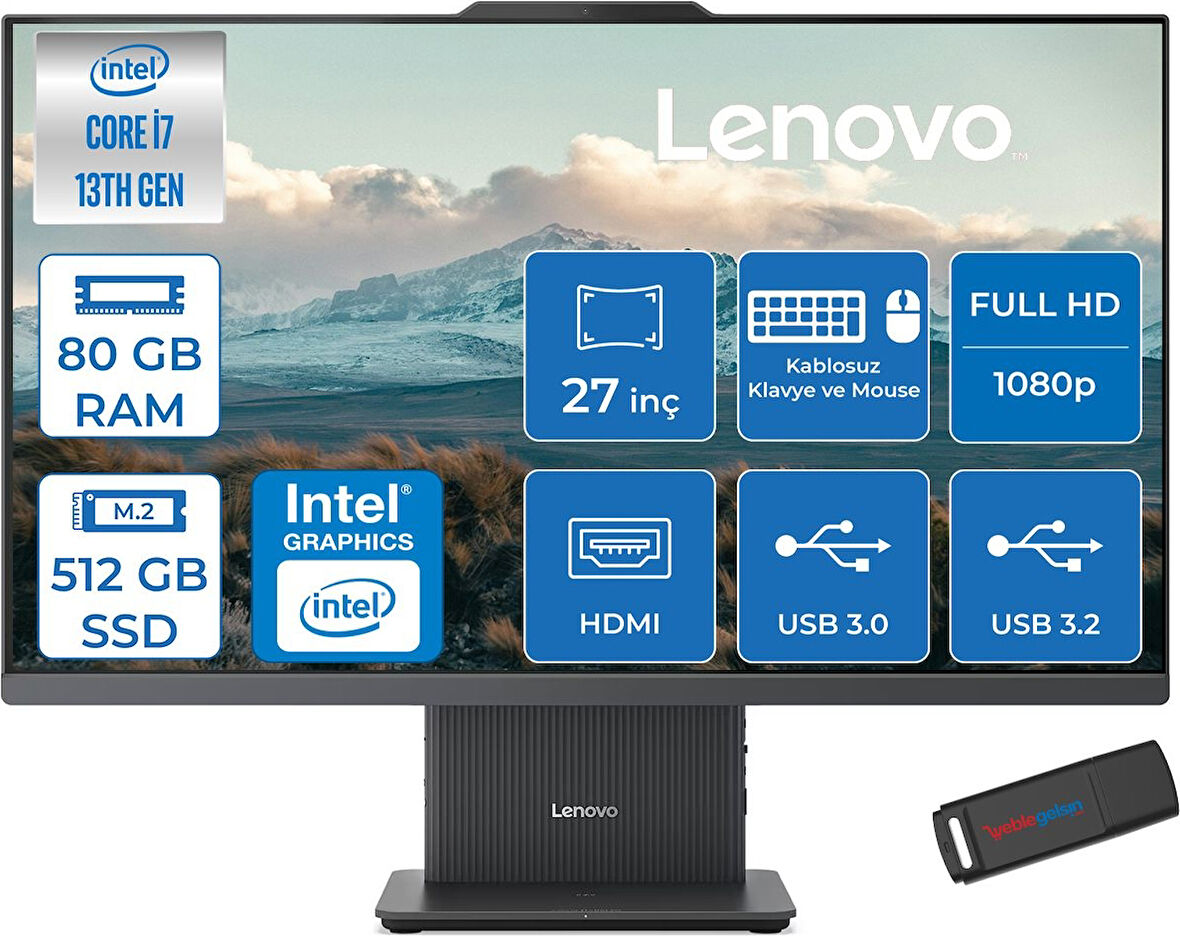 Lenovo Ideacentre Aıo 27IRH9 Intel Core I7-13620H 80GB Ddr5 512GB SSD 27'' Fhd 300NITS IPS Freedos Allınone Bilgisayar LF0HM00EUTRF32+ZETTAUSBBELLEK