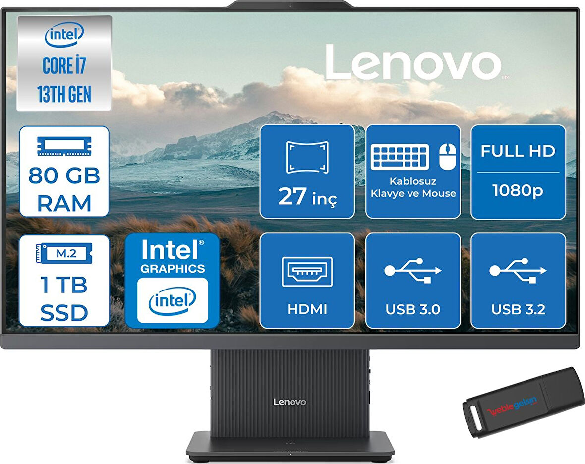 Lenovo Ideacentre Aıo 27IRH9 Intel Core I7-13620H 80GB Ddr5 1tb SSD 27'' Fhd 300NITS IPS Freedos Allınone Bilgisayar LF0HM00EUTRF33+ZETTAUSBBELLEK