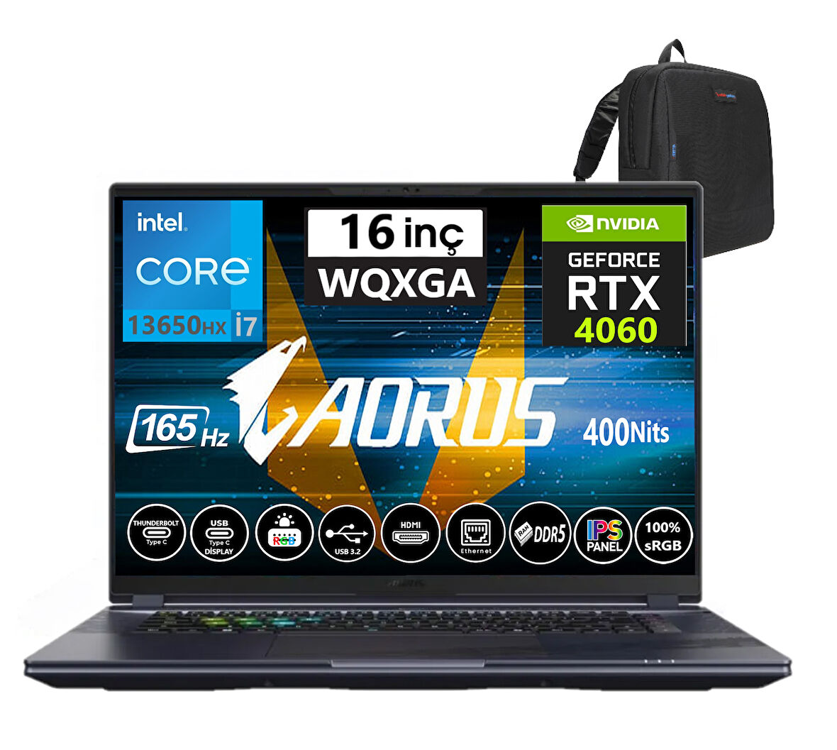 Gigabyte Gigabyte aorus 16X Intel Core  I7-13650HX 32GB Ddr5 2tb SSD 8gb Rtx 4060 16″ Wqxga 3ms 165Hz WIN11PRO Gaming (Oyuncu) Notebook 9KG-43TRC54SW09+ZETTAÇANTA