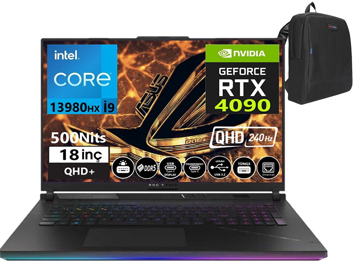 Asus ROG Strix SCAR 18 13. Nesil Intel i9-13980HX 64GB DDR5 RAM 1TB SSD 16GB RTX4090 175w 18 inç QHD+ 240Hz 3Ms Windows11Pro Taşınabilir Bilgisayar G834JY-N604021+WeblegelsinÇanta