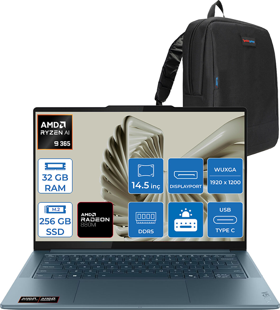 Lenovo Yoga Pro 7 14ASP10  Amd Ryzen Aı 9 365 32GB Ram 256GB SSD 14.5" 3k (2944X1840) OLED 1000NITS Freedos Taşınabilir Bilgisayar YG83LX000LTRF01+ZETTAÇANTA