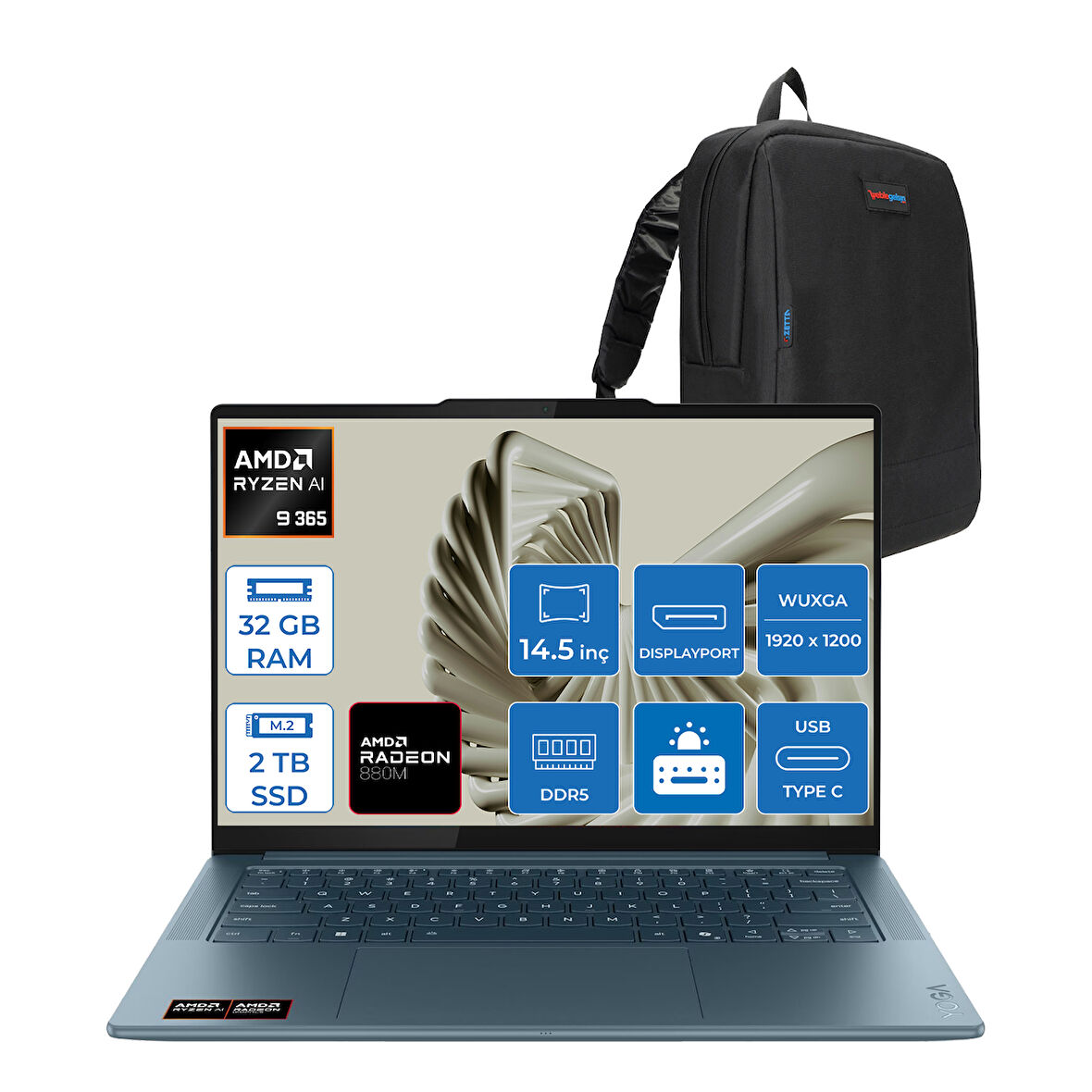 Lenovo Yoga Pro 7 14ASP10  Amd Ryzen Aı 9 365 32GB Ram 2tb SSD 14.5" 3k (2944X1840) OLED 1000NITS Freedos Taşınabilir Bilgisayar YG83LX000LTRF04+ZETTAÇANTA