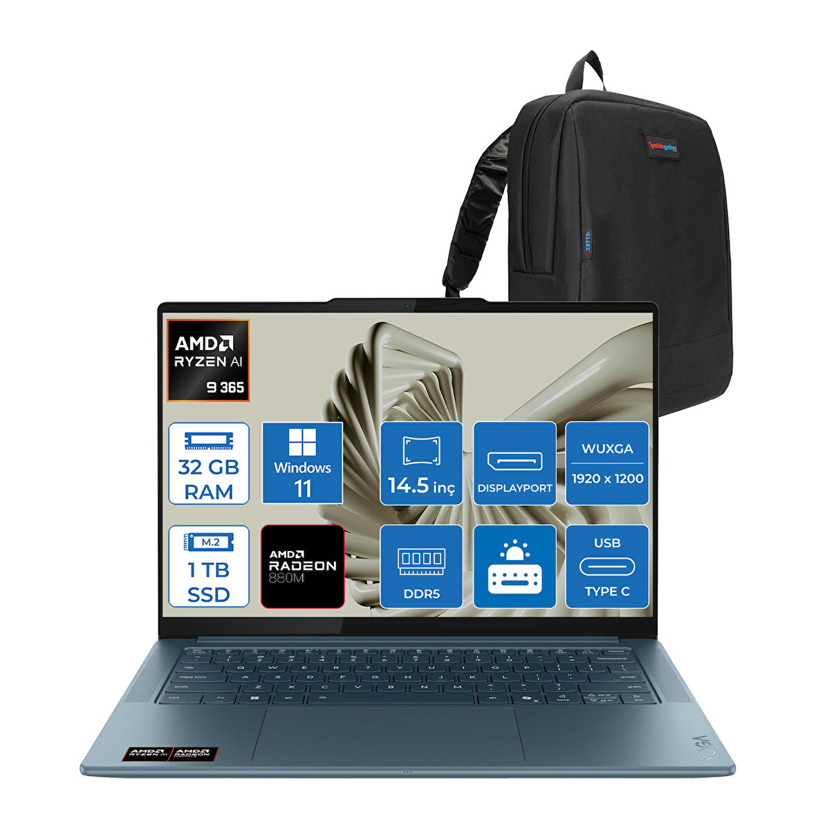 Lenovo Yoga Pro 7 14ASP10  Amd Ryzen Aı 9 365 32GB Ram 1tb SSD 14.5" 3k (2944X1840) OLED 1000NITS WIN11HOME Taşınabilir Bilgisayar YG83LX000LTRH03+ZETTAÇANTA