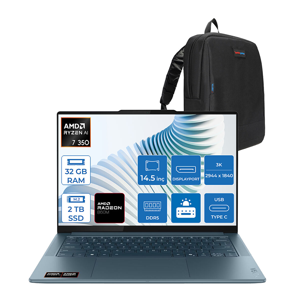 Lenovo Yoga Pro 7 14AKP10  Amd Ryzen Aı 7 350 32GB Ram 2tb SSD 14.5" 3k (2944X1840) OLED 1000NITS Freedos Taşınabilir Bilgisayar YG83KG000GTRF04+ZETTAÇANTA