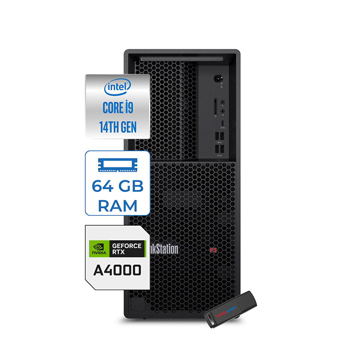 Lenovo Thinkstation P3 Tower Intel  I9-14900K 64GB Ddr5 4tb  SSD Nvıdıa 20GB/ RTX4000ADA 750W Windows 11 Pro Workstatıon Bilgisayar WS30GS00CRTR24+ZETTAUSBBELLEK