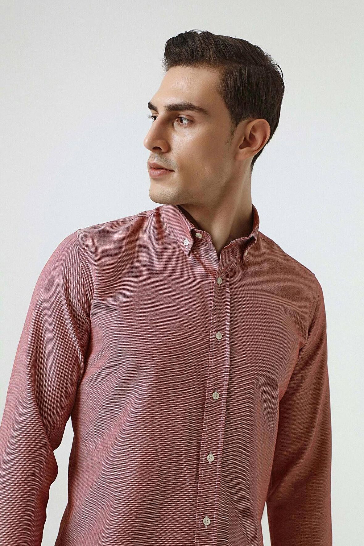 D'S Damat Slim Fit Kırmızı Armürlü Düğmeli Yaka Pamuklu Gömlek 5HC02ORT07265