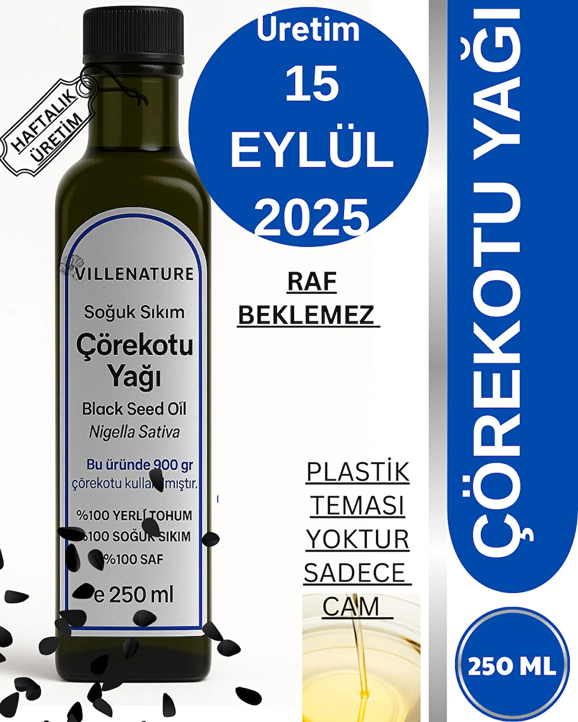 Soğuk Sıkım Çörekotu Yağı 250 ml ,haftalık Taze Üretim ,raf Beklemez