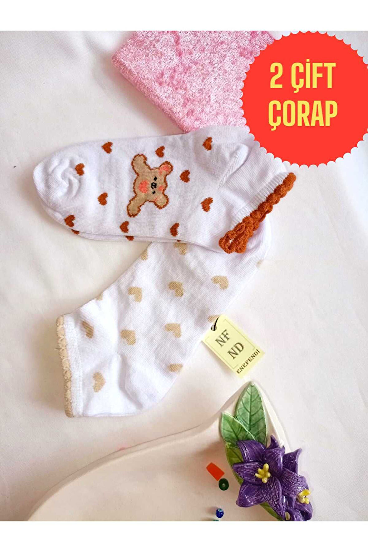 2 ÇİFT ÇORAP PAMUKLU DİKİŞSİZ KISA KONÇ PATİK DESENLİ KADIN ÇORABI BEYAZ KAHVE 36-40