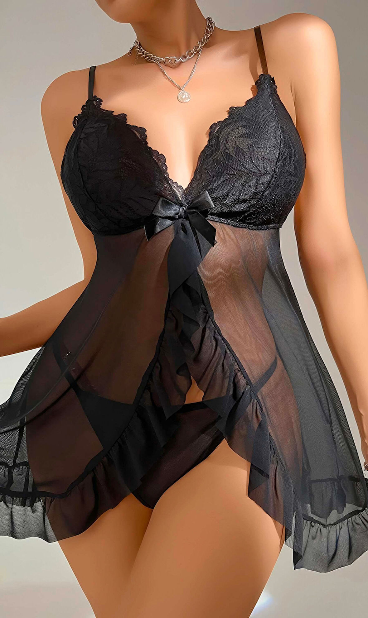 Dodes Kadın Siyah Fantezi Gecelik Tül Dantel Detaylı Fantezi Gecelik 2117