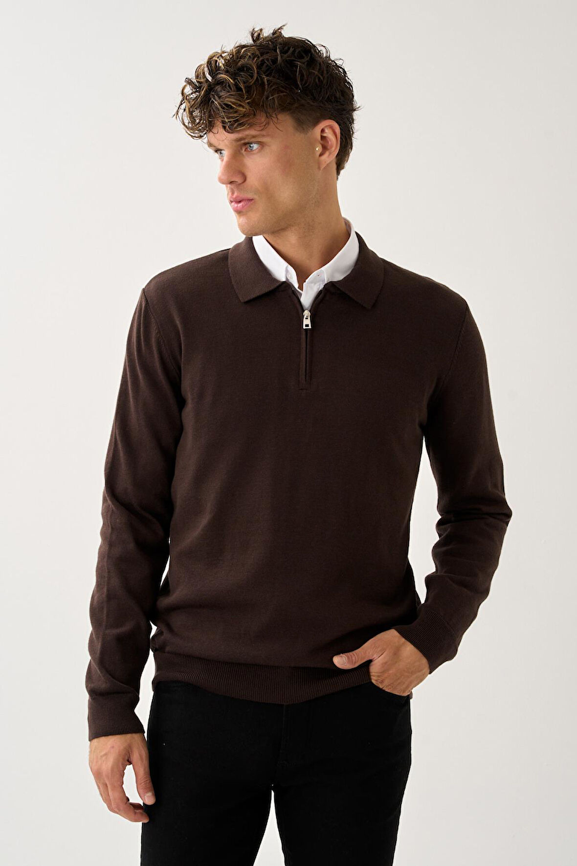 Fermuarlı Polo Yaka Kazak