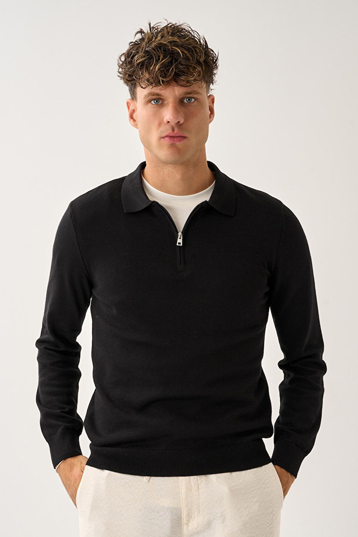 Fermuarlı Polo Yaka Kazak