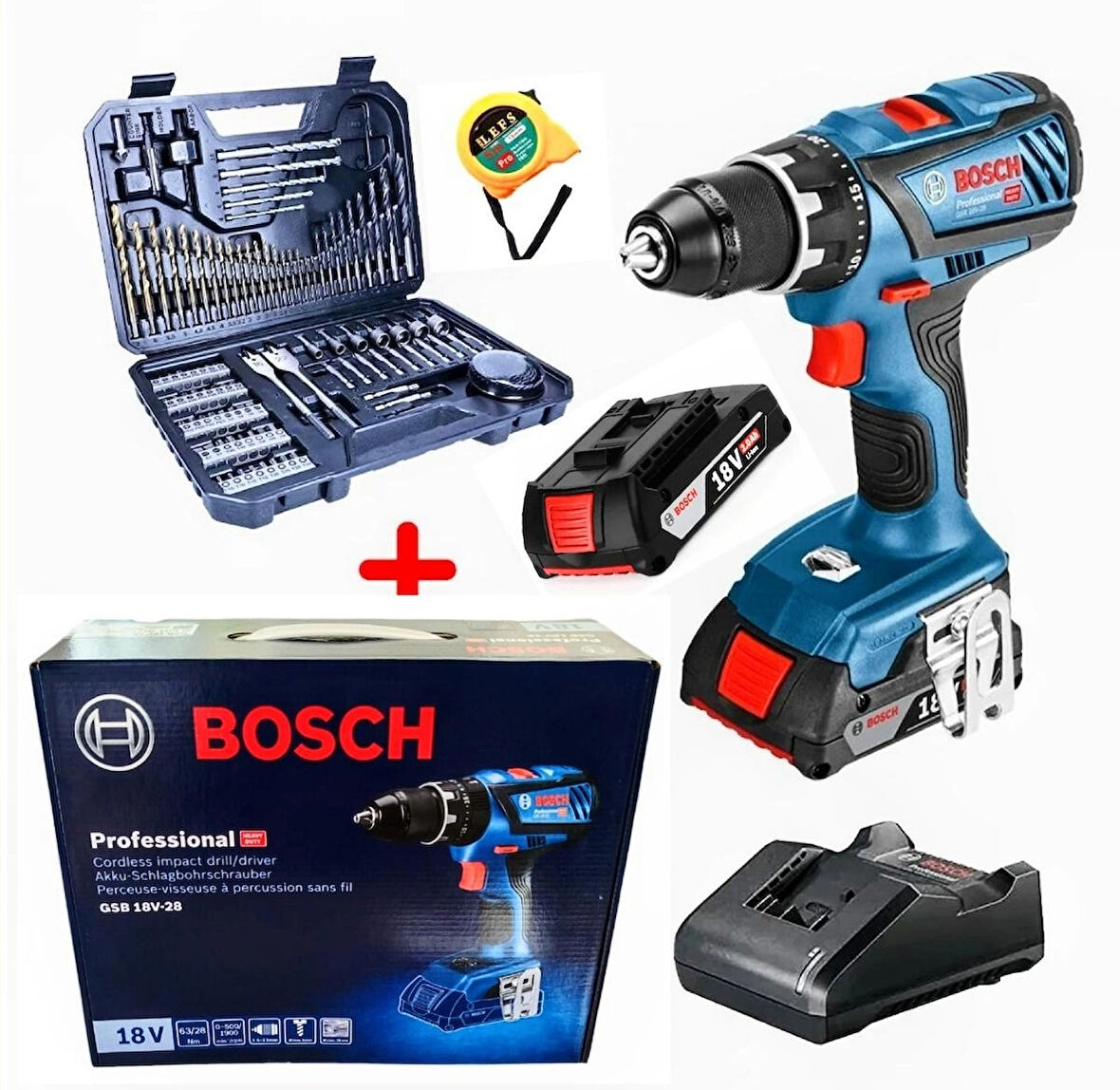Bosch Gsb 18 V 28 Darbeli Matkap Vidalama Çift Batarya (Karton Kutulu ) ve Bosch 103 Parça Aksesuar Seti