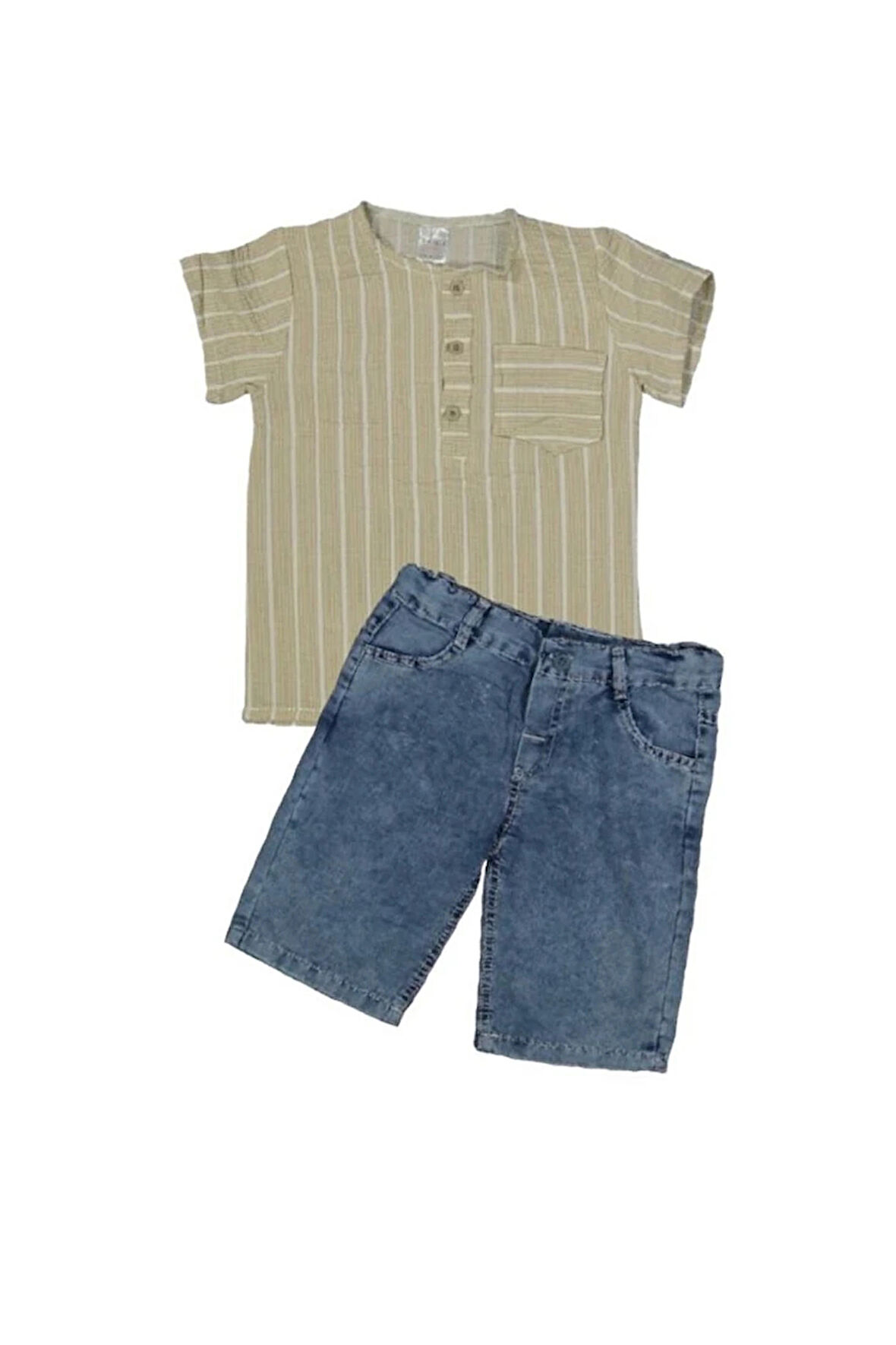 MK Çizgili Patlı Gömlekli Kot Şortlu Erkek Çocuk Kısa Kol Takım 6-10 Yaş Bej Çizgili 1151-B
