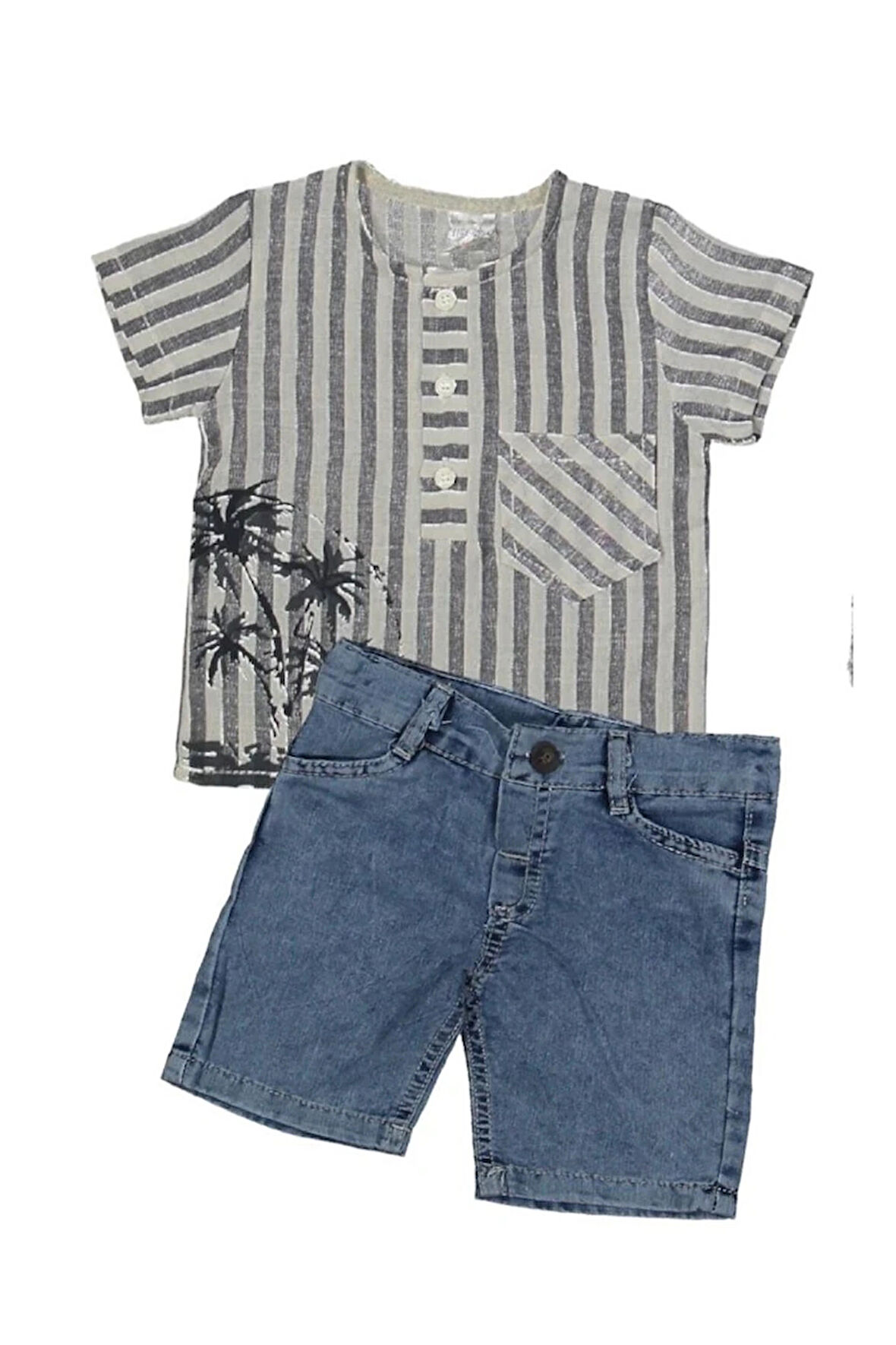 MK Palmiyeli Gömlekli Kot Şortlu Erkek Çocuk Kısa Kol Takım 6-10 Yaş Lacivert Çizgili 1158-L