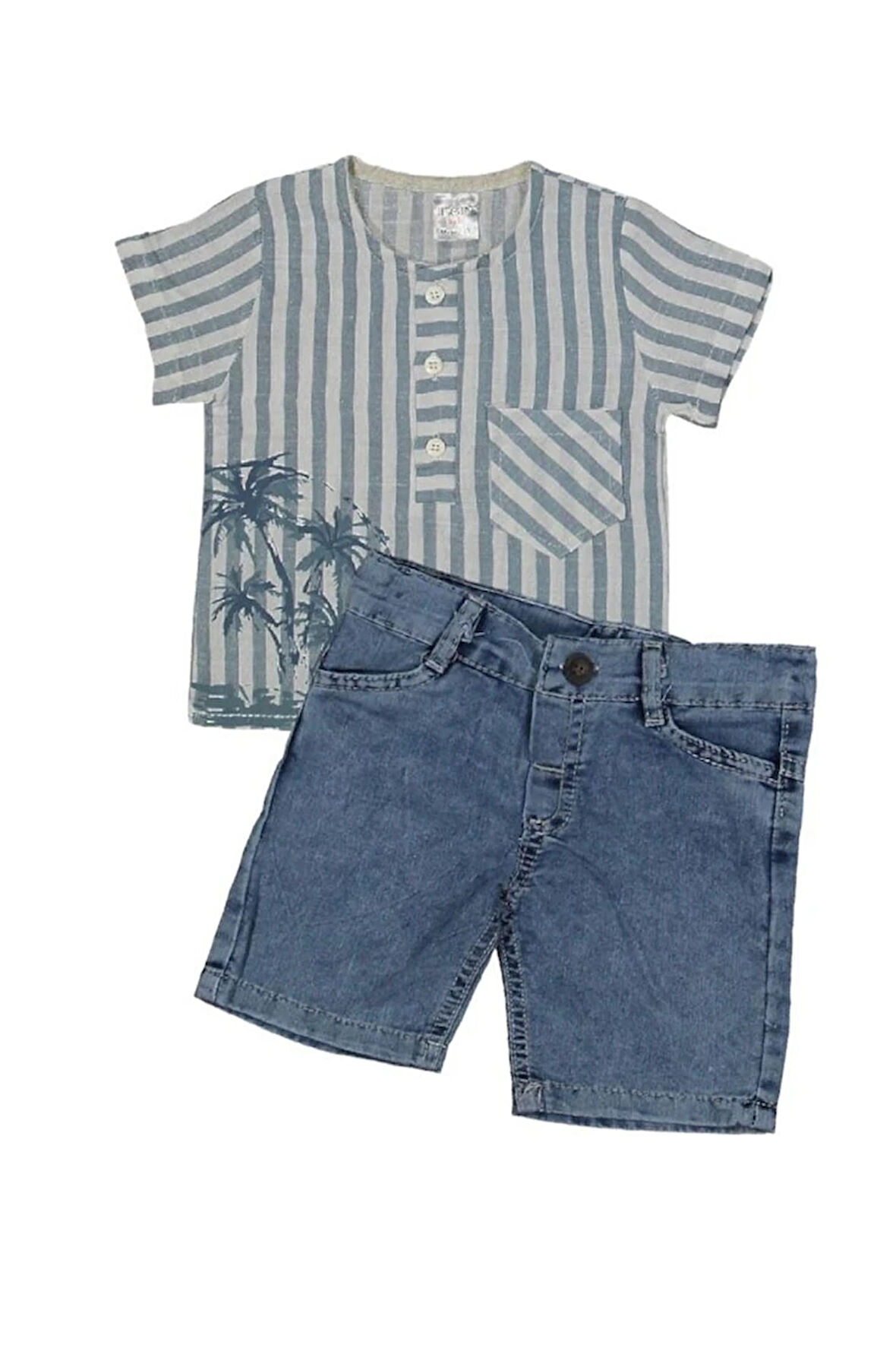 MK Palmiyeli Gömlekli Kot Şortlu Erkek Çocuk Kısa Kol Takım 6-10 Yaş Mavi Çizgili 1158-M