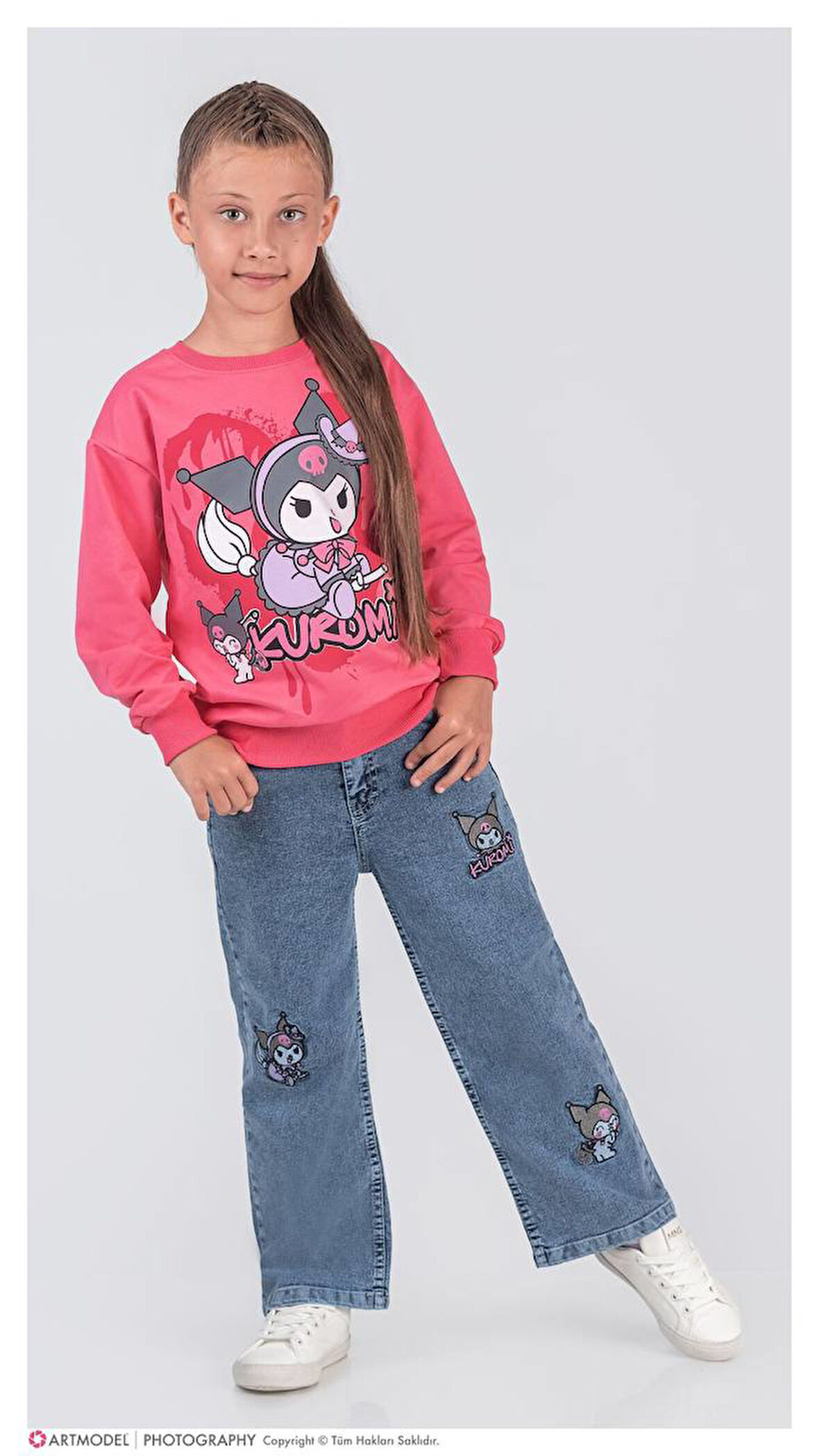 PJK2İKT Kuromi Desenli 2 İp %100 Pamuk Kız Çocuk Kot Pantolonlu Takımı 3-10 Yaş 8224