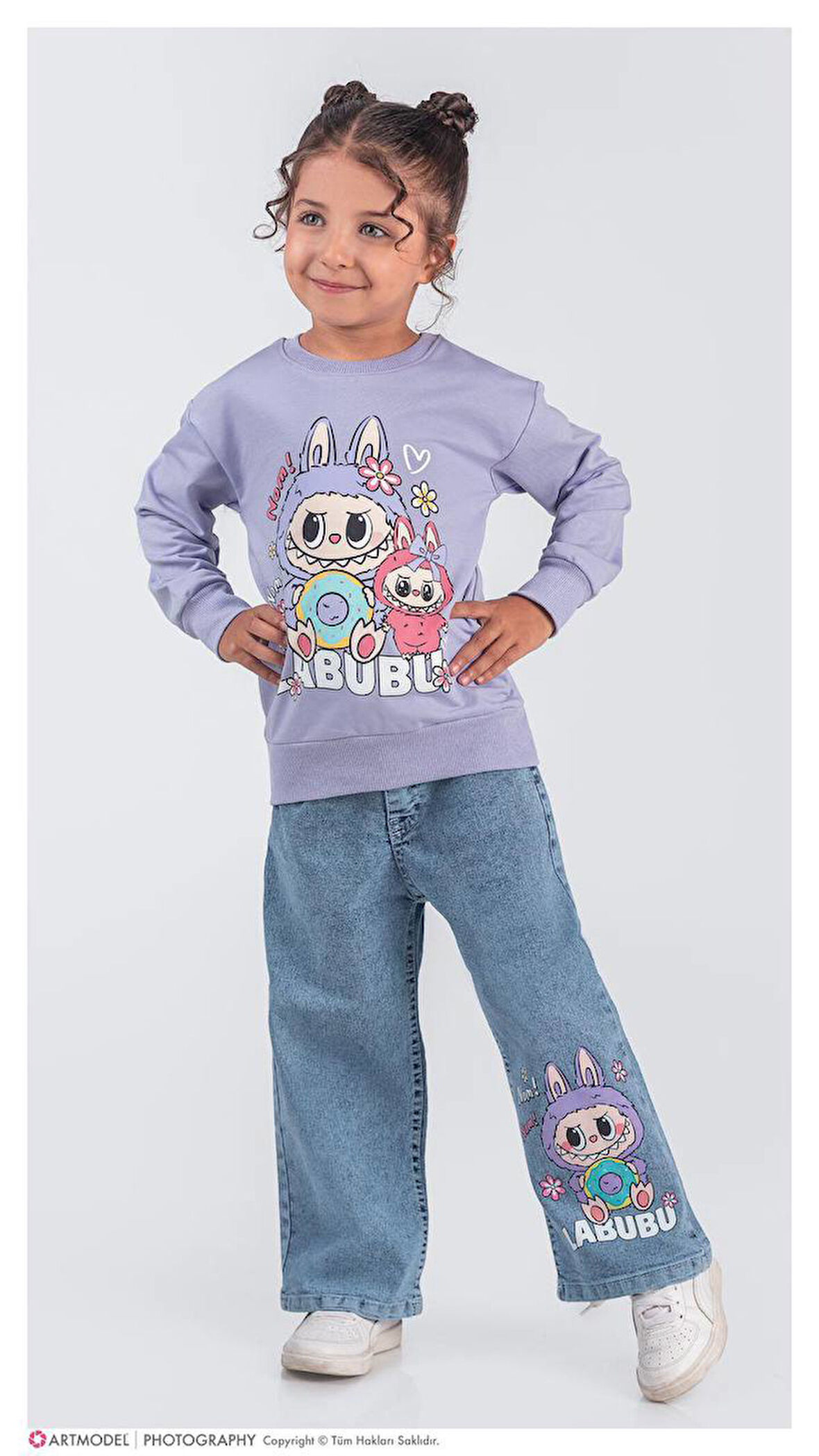 PJK2İKT Labubu Desenli 2 İp %100 Pamuk Kız Çocuk Kot Pantolonlu Takımı 3-10 Yaş 8225