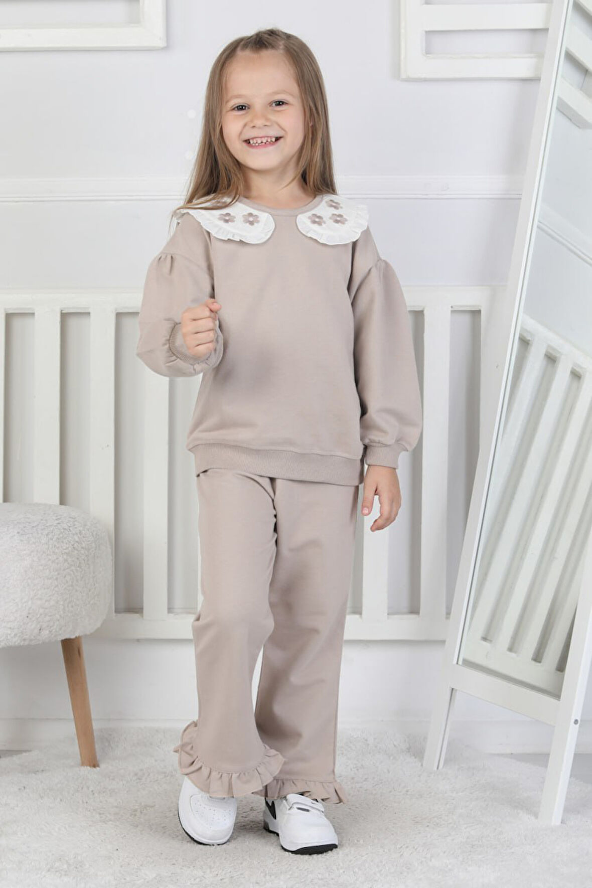 İSOB2İ Nakış Yakalı 2 İp Fırçalı Kumaş %100 Pamuk Kız Çocuk Takımı 2-6 Yaş 24051